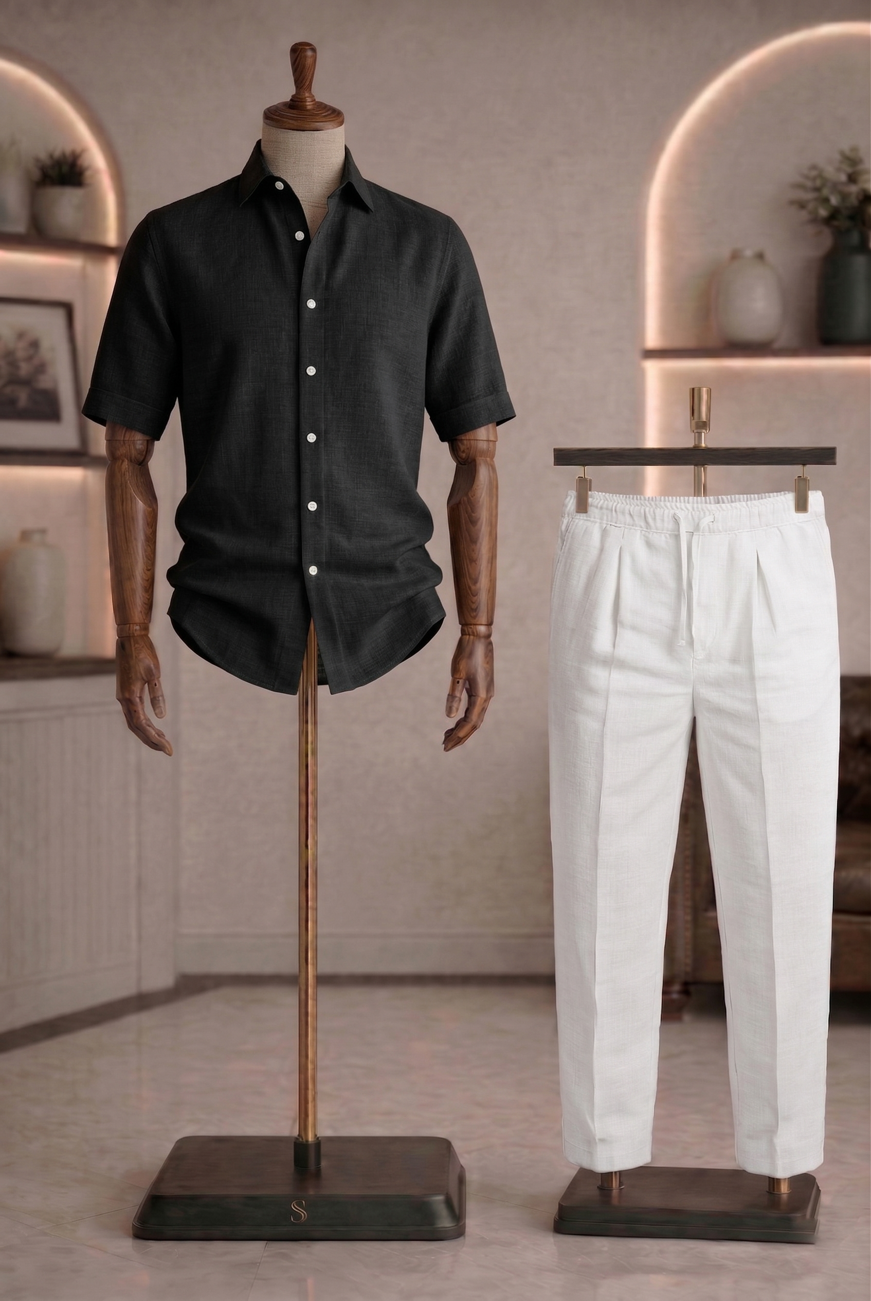 Half Sleeve Linen Pair For Men | Black Linen Shirt with White Linen Pant
