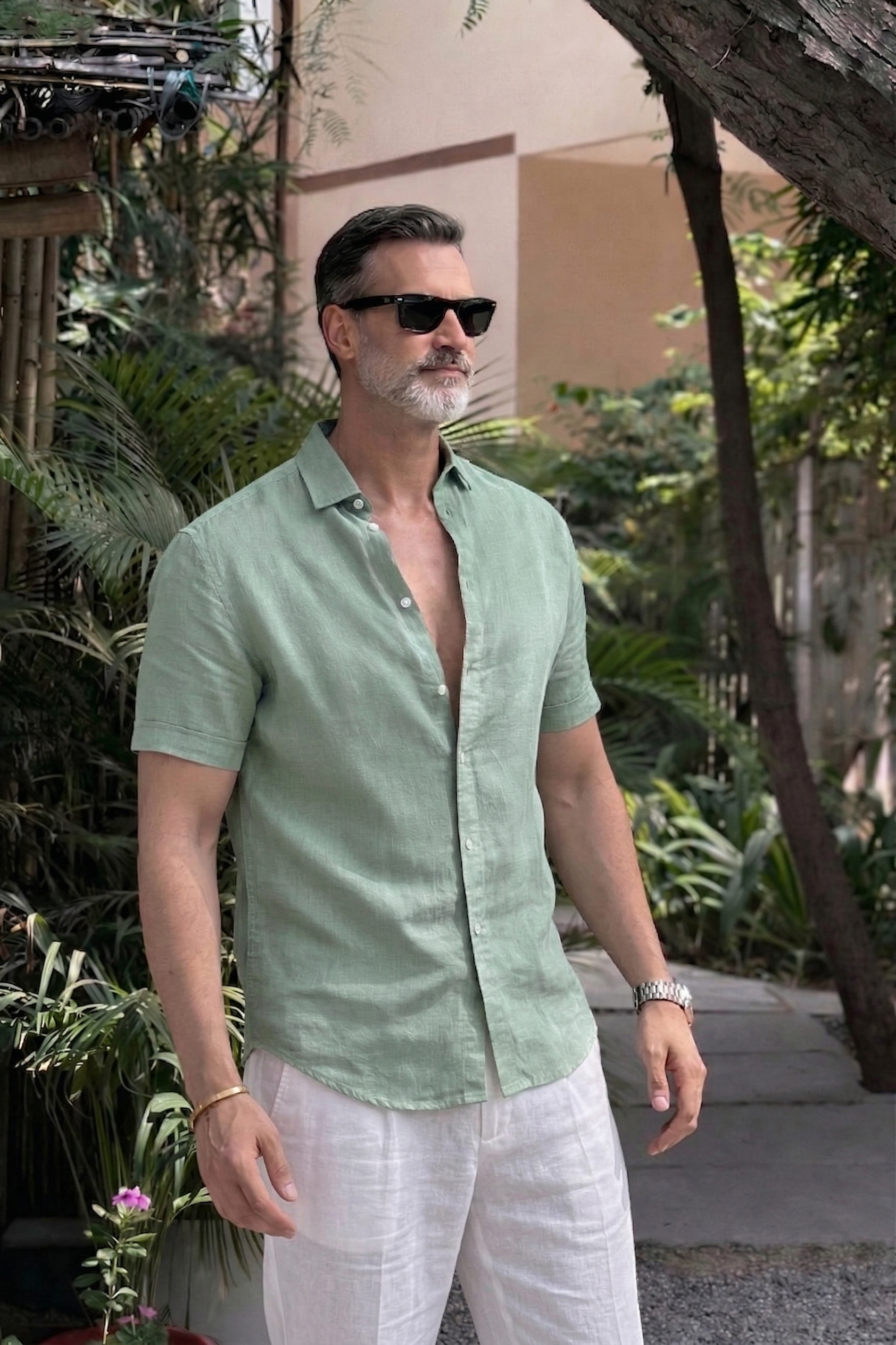 Half Sleeve Linen Pair For Men | Minty Green Linen Shirt with White Linen Pant