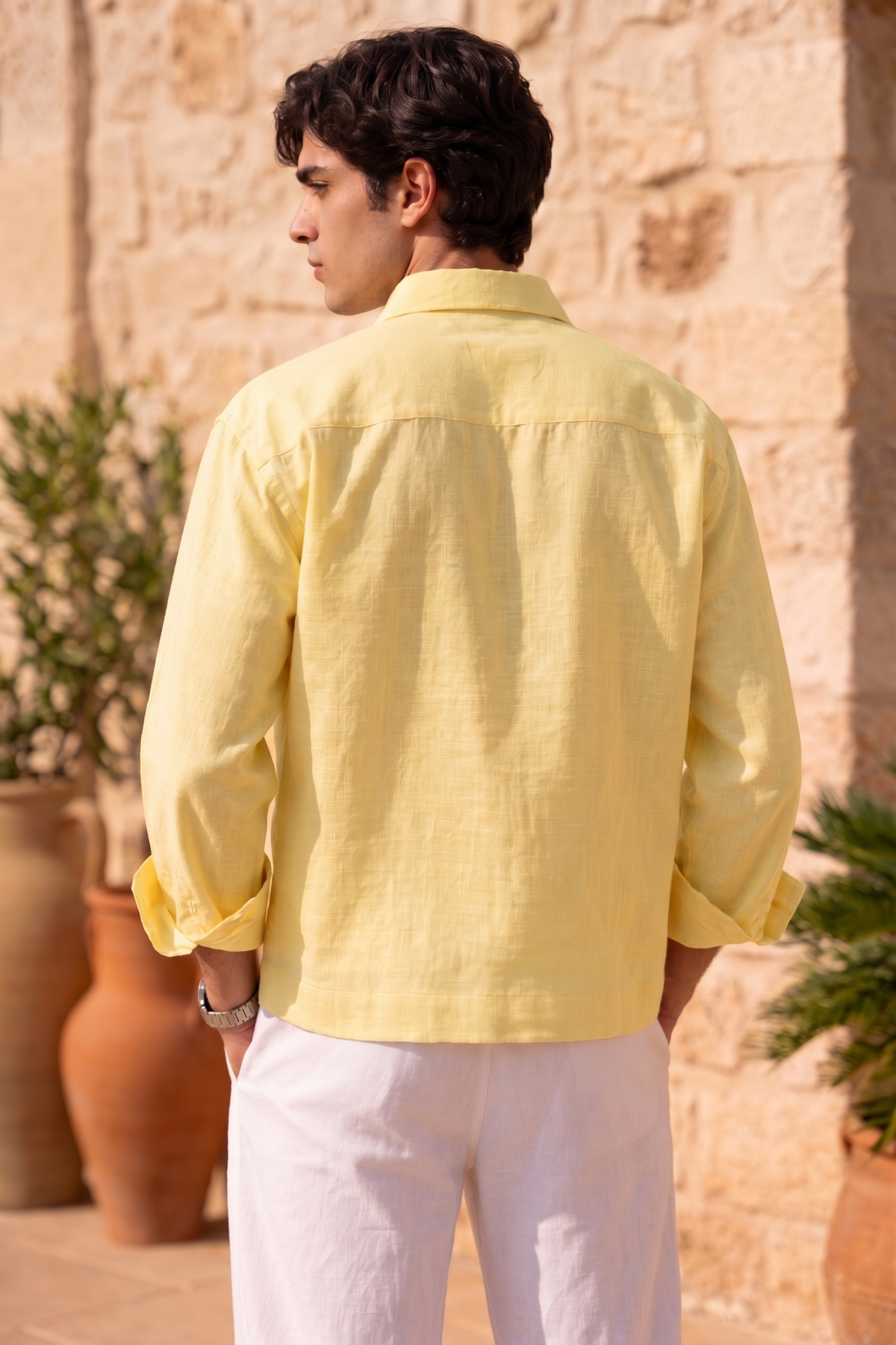 Full Sleeve Yellow Boxy Fit Pure Belgium Linen Crop Shirt