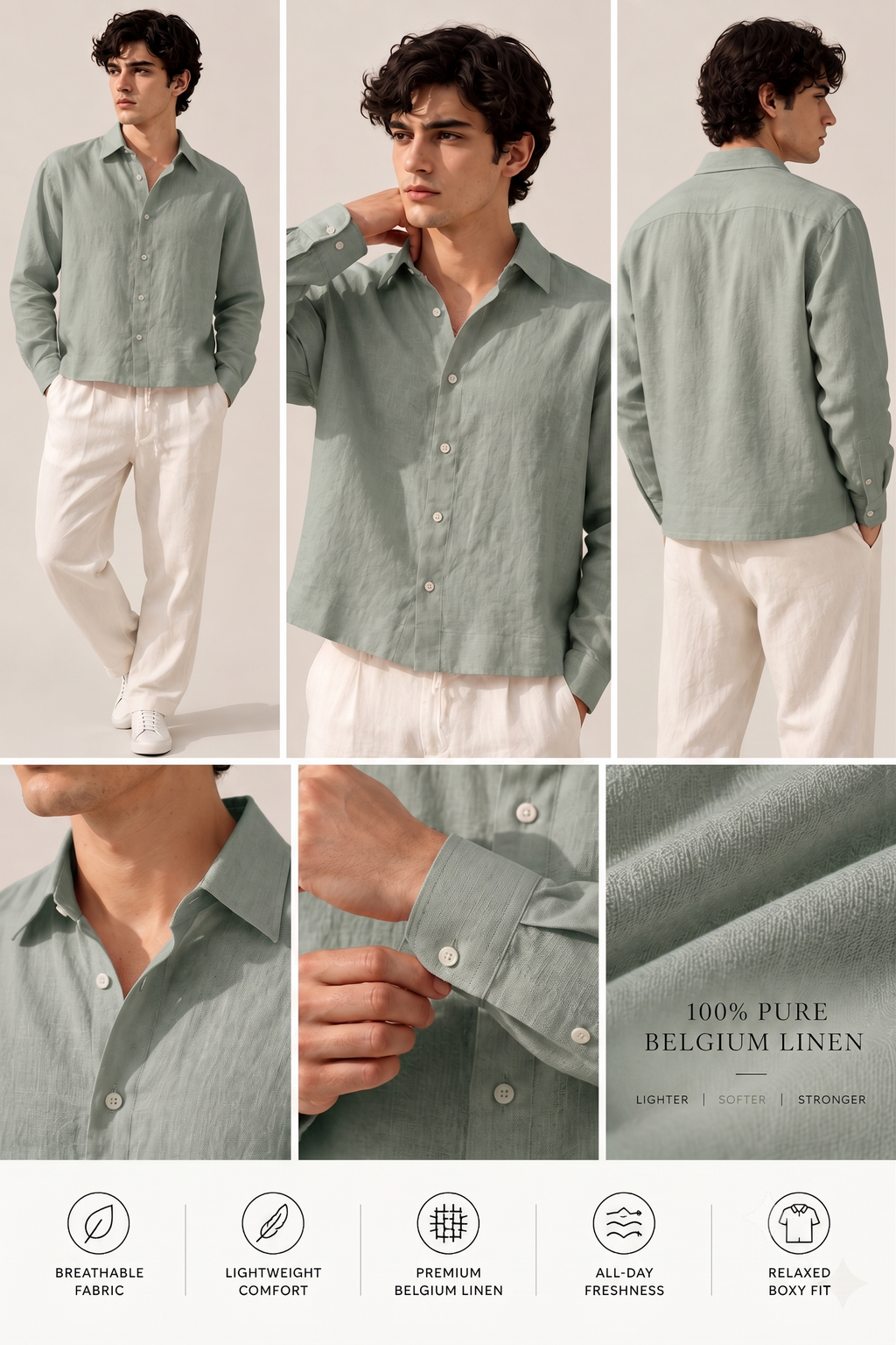 Full Sleeve Green Boxy Fit Pure Belgium Linen Crop Shirt