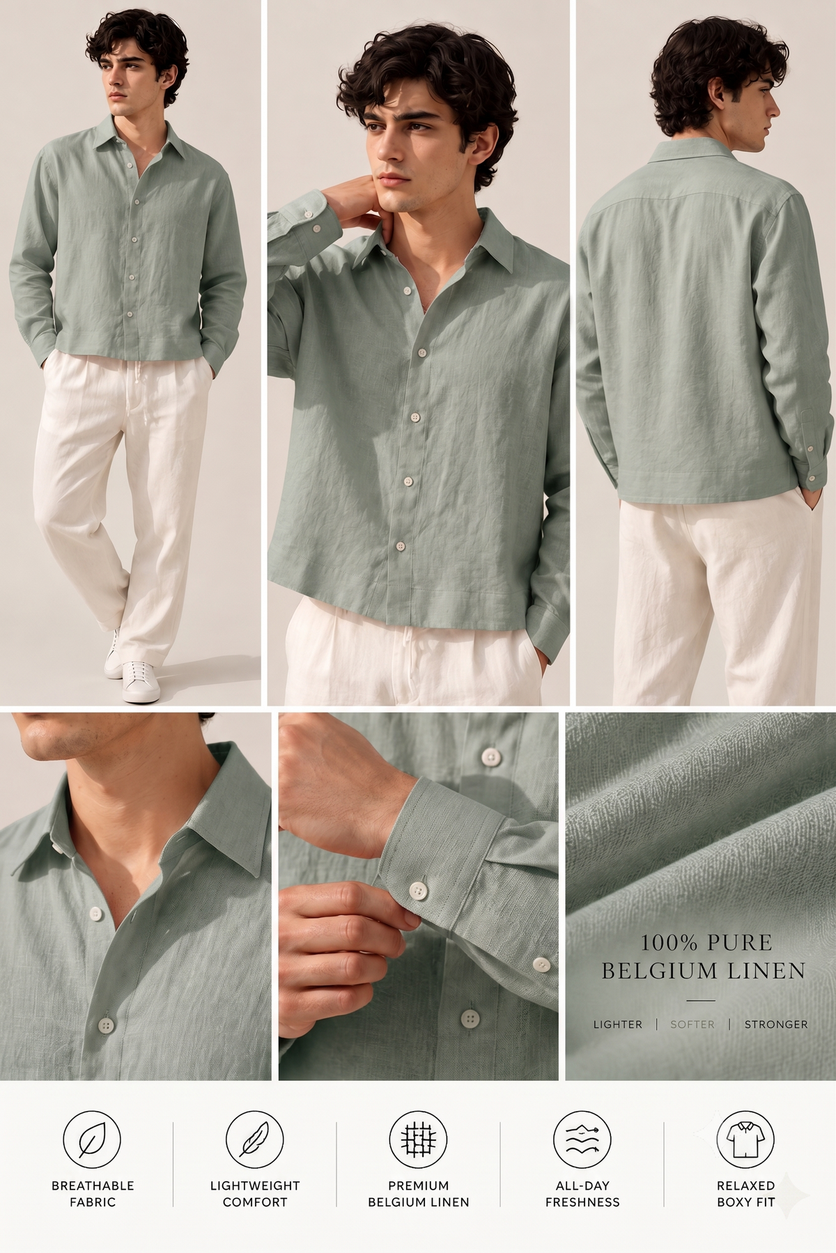 Full Sleeve Green Boxy Fit Pure Belgium Linen Crop Shirt