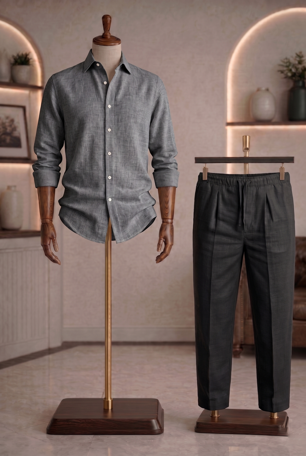 Full Sleeve Linen Pair For Men | Dark Grey Linen Shirt with Black Linen Pant