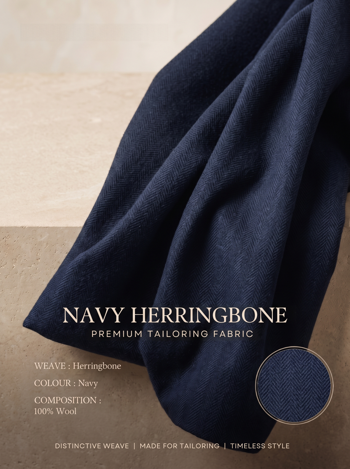 Luxury Navy Herringbone Fabric | Premium Formal Wear Fabric