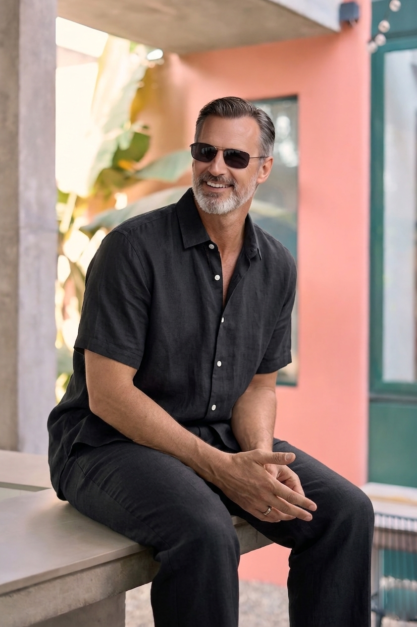 Half Sleeve Linen Pair For Men | Black Linen Shirt with Black Linen Pant