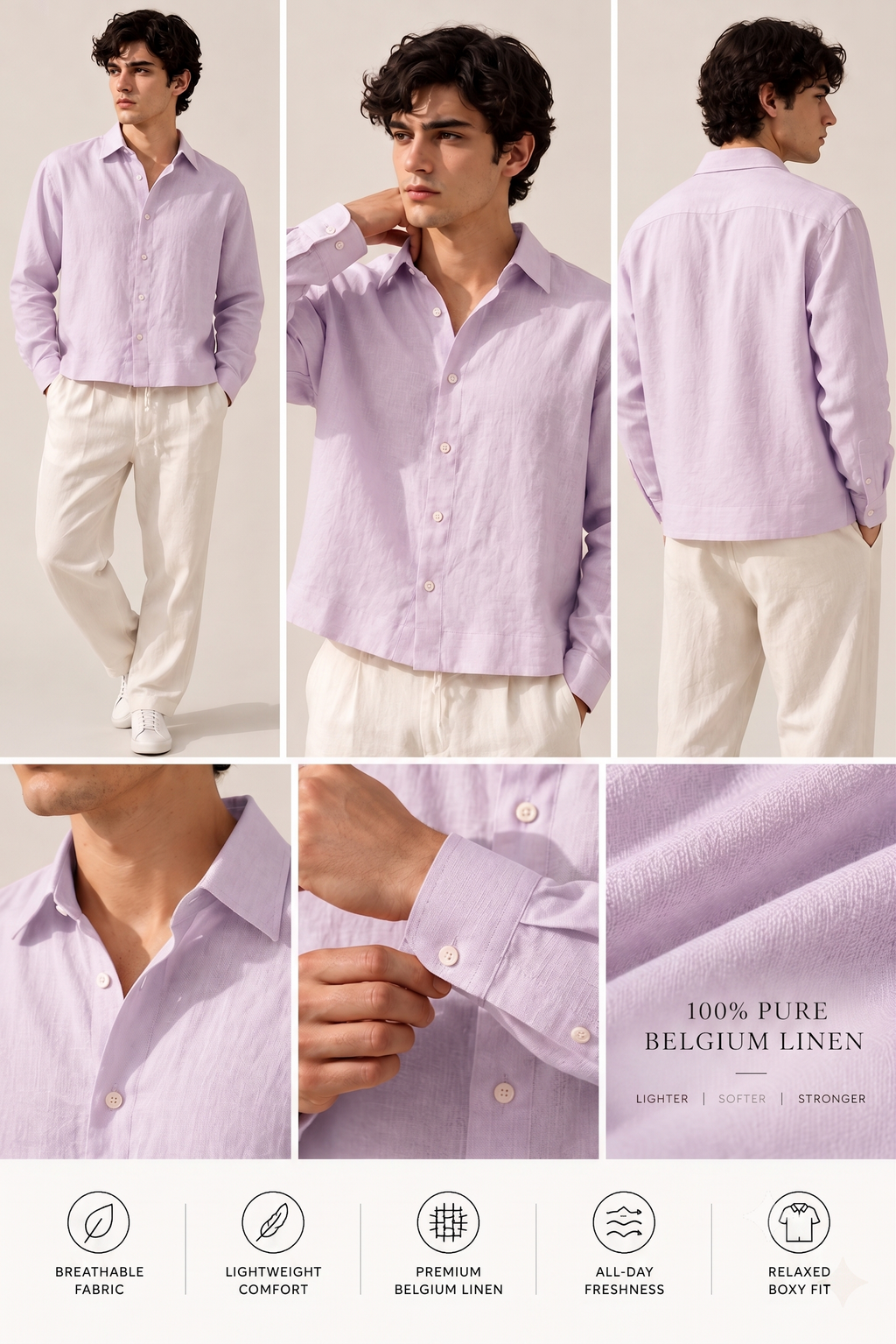 Full Sleeve Lavender Boxy Fit Pure Belgium Linen Crop Shirt