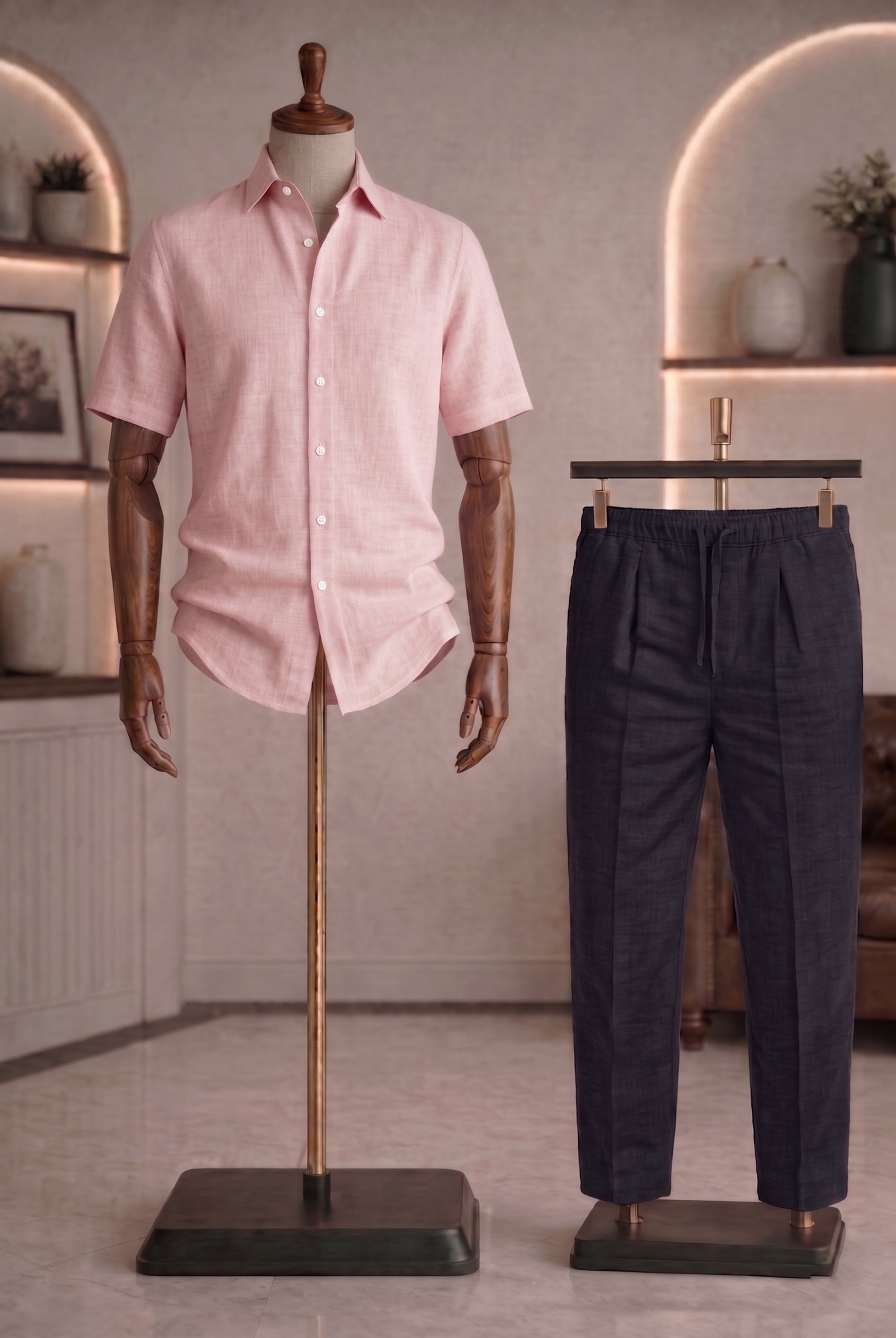 Half Sleeve Linen Pair For Men | Powder Pink Linen Shirt with Black Linen Pant by french cuff