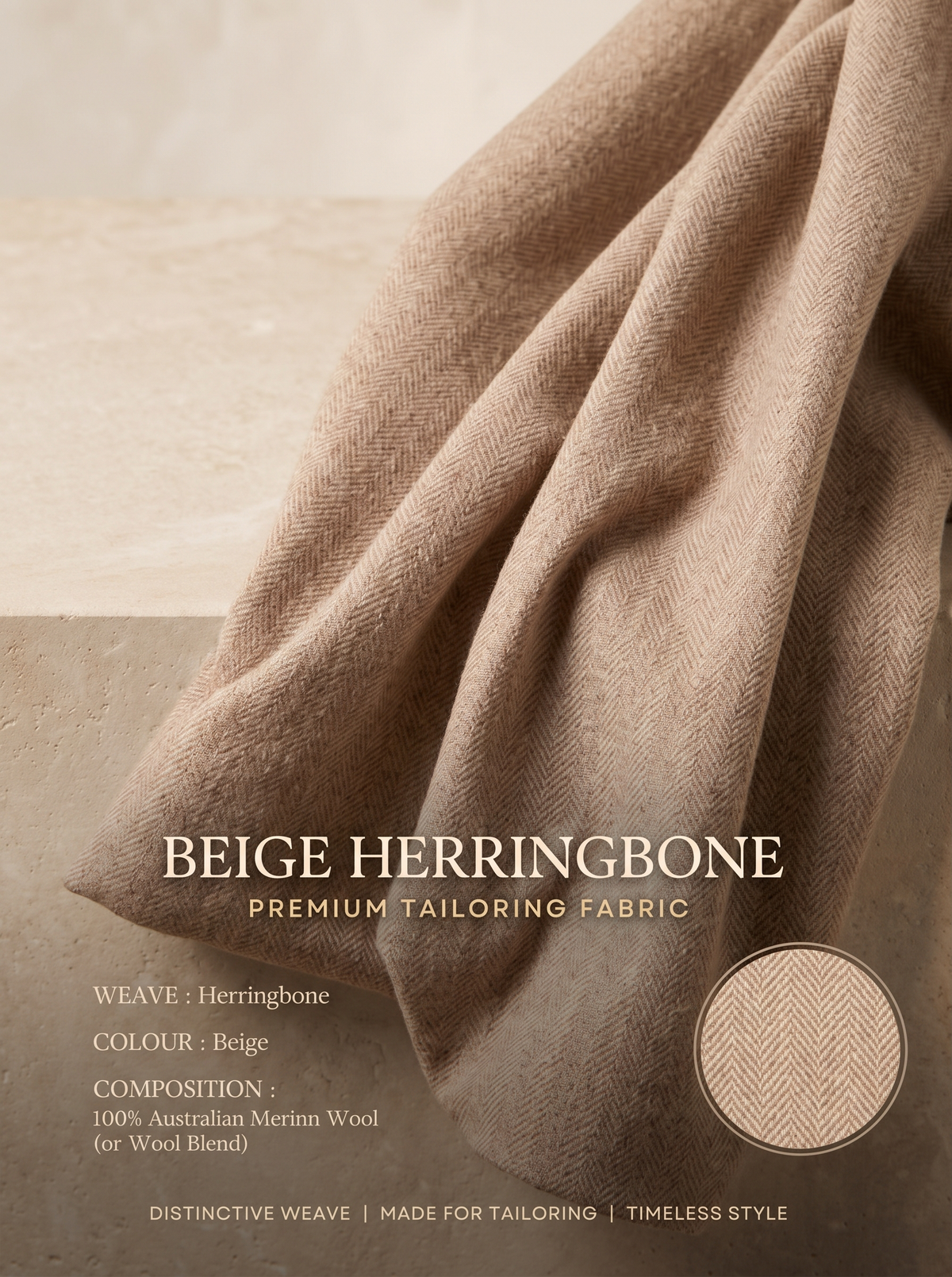 Luxury Beige Herringbone Fabric | Premium Formal Wear Fabric