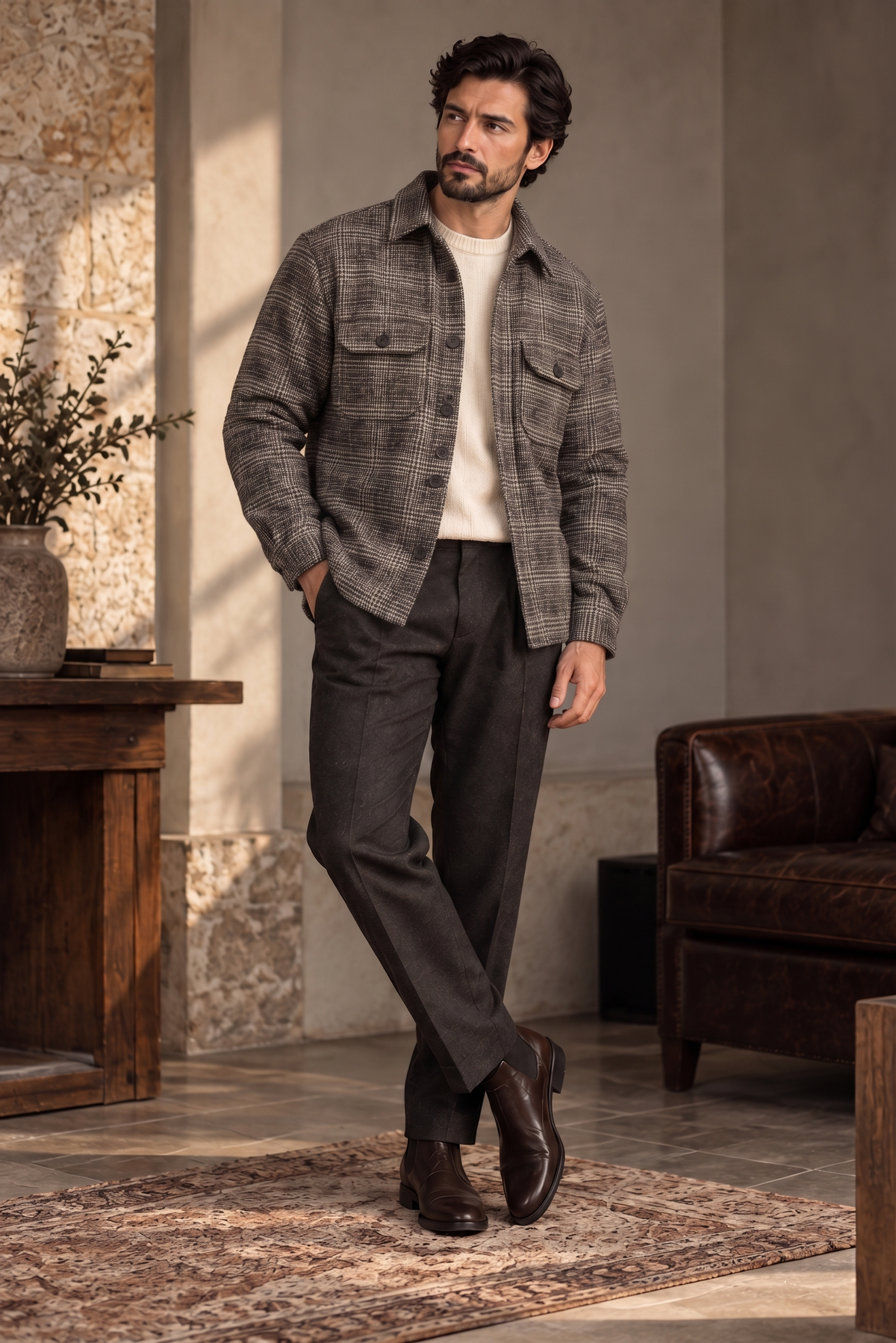 Melange Plaid Grey and Beige Premium Wool Shirt for men