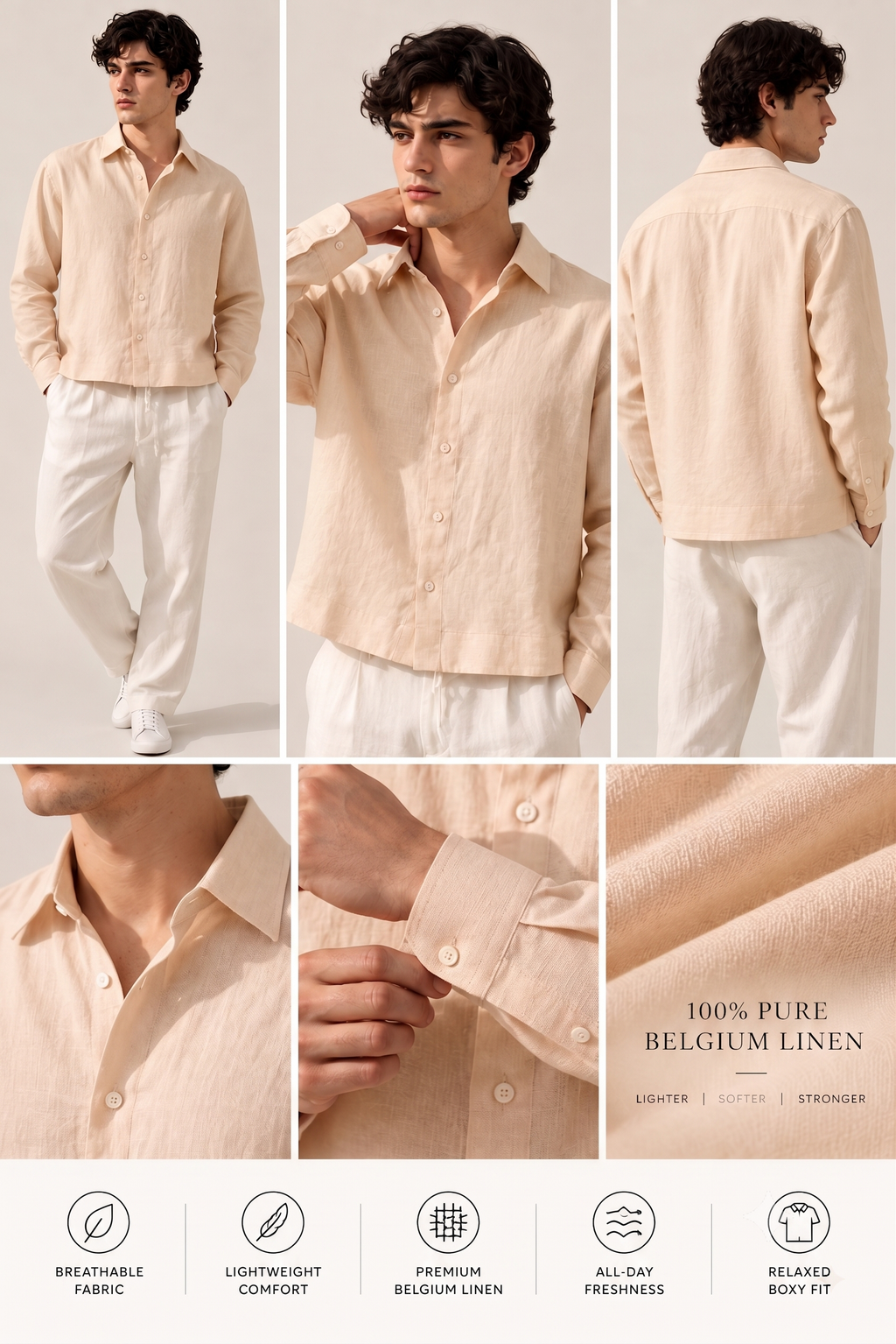 Full Sleeve Khaki Boxy Fit Pure Belgium Linen Crop Shirt