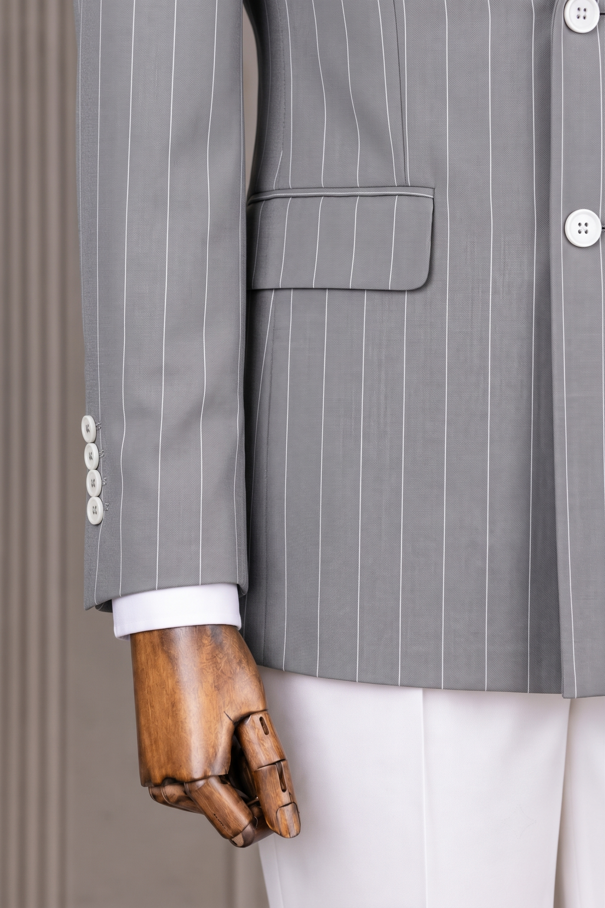 French Cuff Men's Grey Striped Double Breasted Blazer