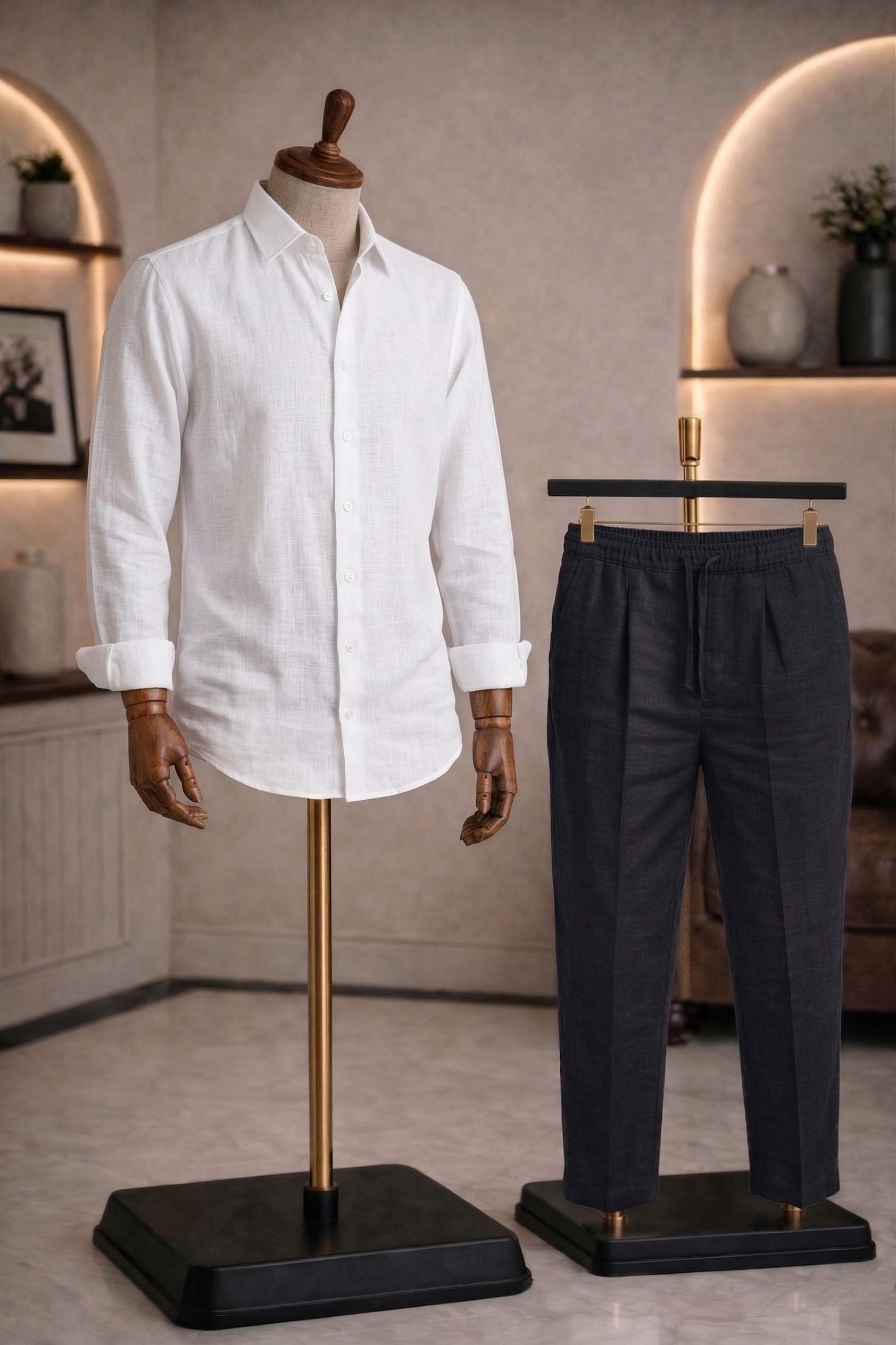 Full Sleeve Linen Pair For Men | White Linen Shirt with Black Linen Pant