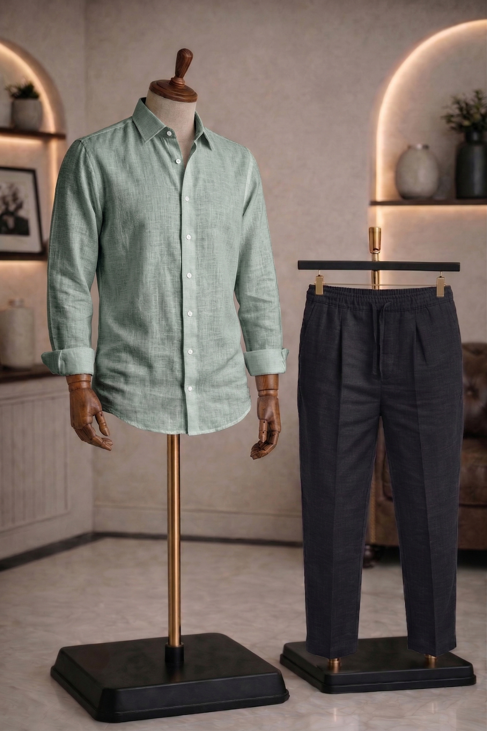 Full Sleeve Linen Pair For Men | Mint Green Linen Shirt with Black Linen Pant