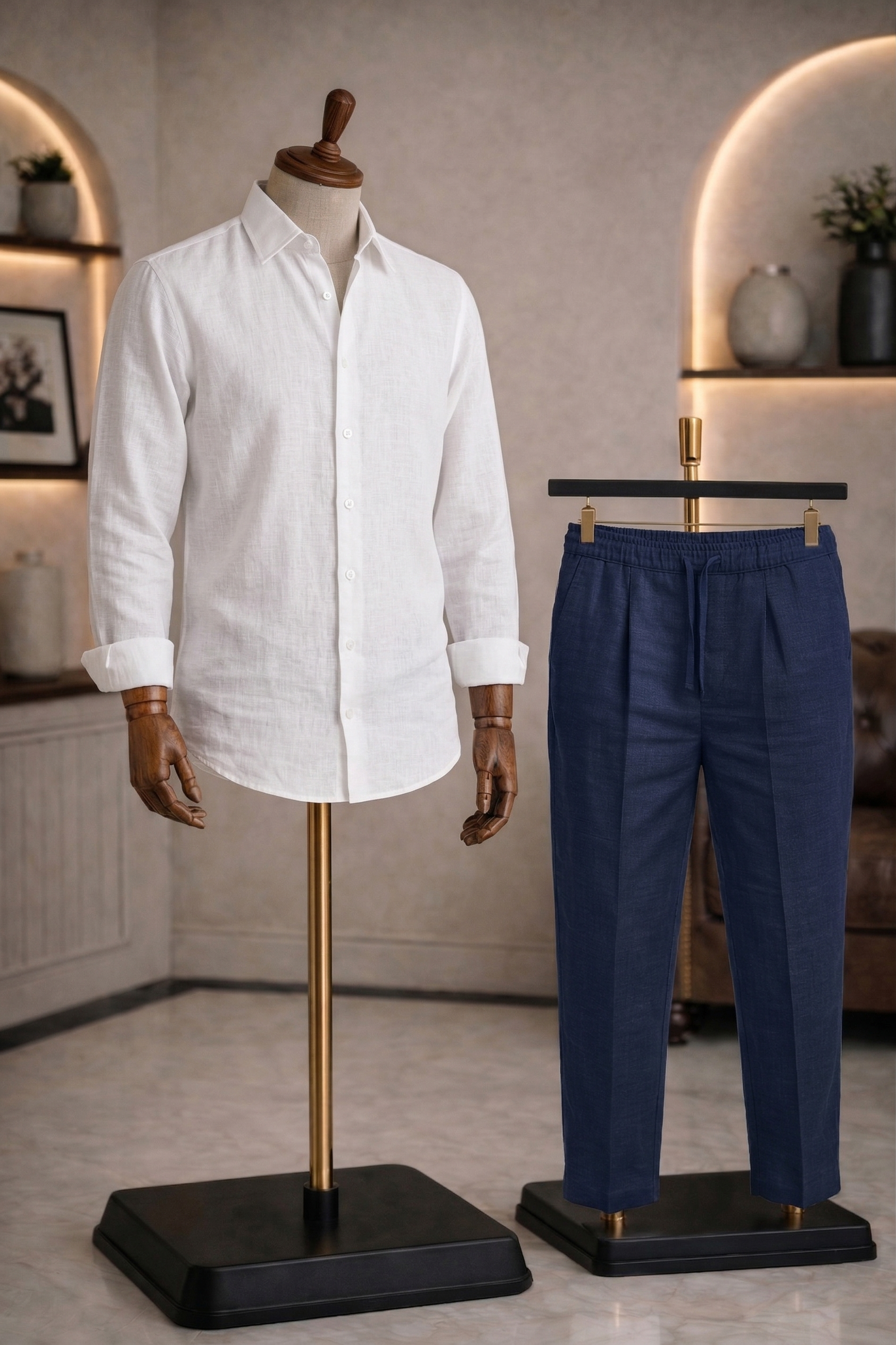 Full Sleeve Linen Pair For Men | White Linen Shirt with Navy Linen Pant
