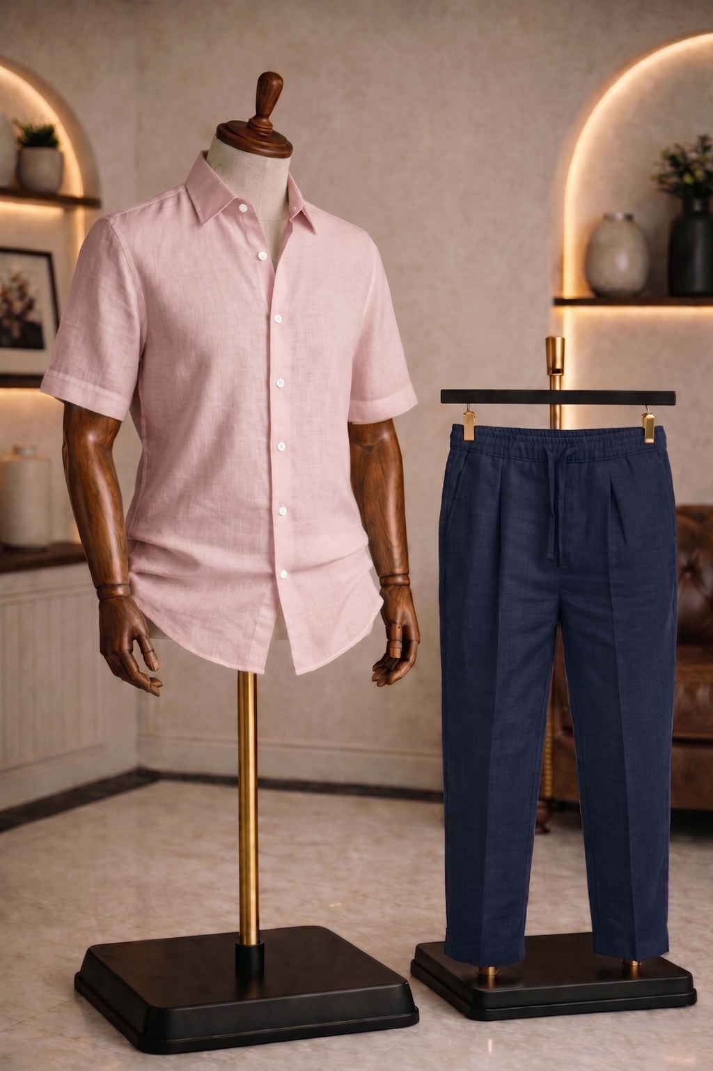 Half Sleeve Linen Pair For Men | Powder Pink Linen Shirt with Navy Linen Pant by french cuff