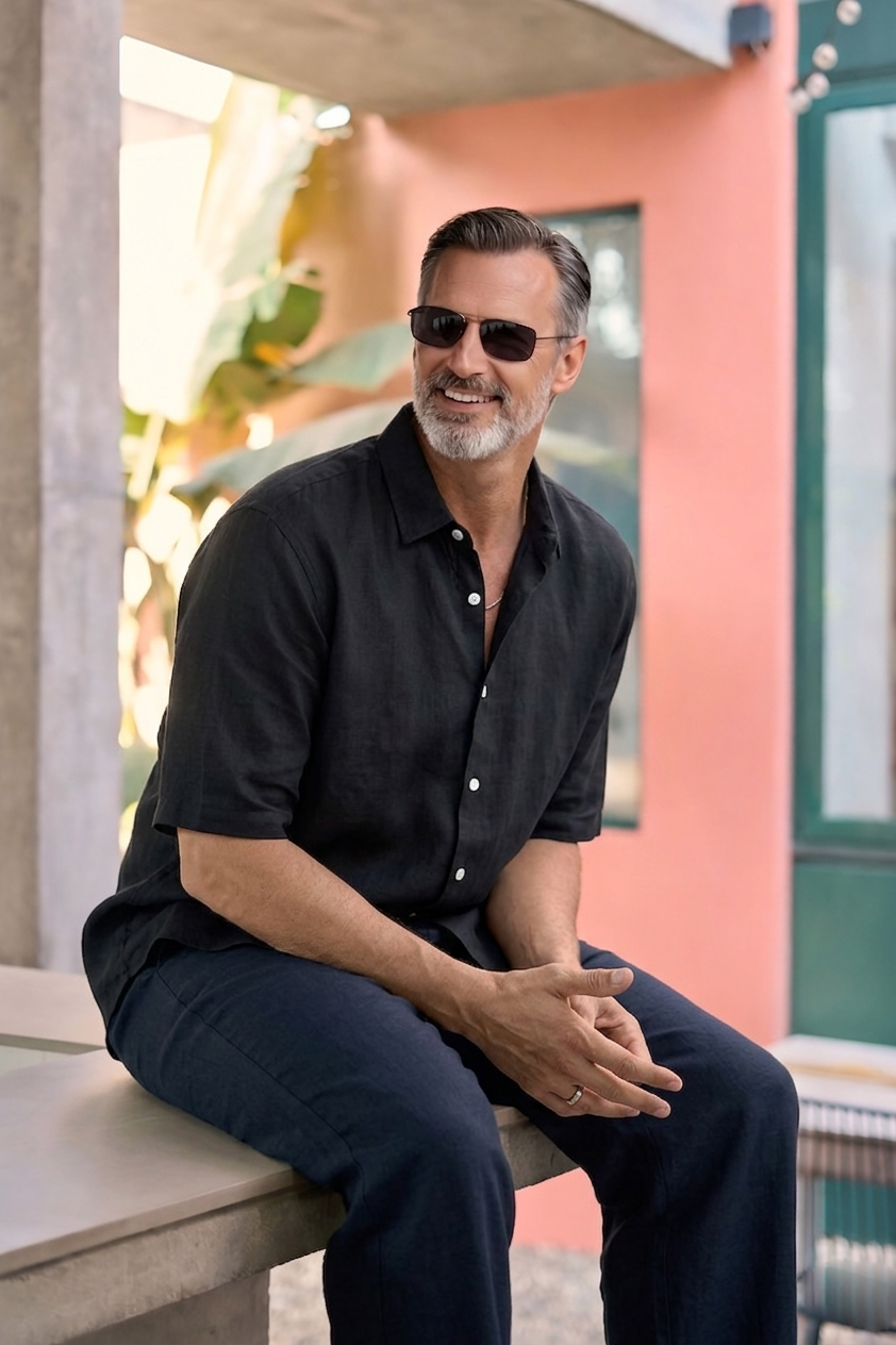 Half Sleeve Linen Pair For Men | Black Linen Shirt with Navy Linen Pant