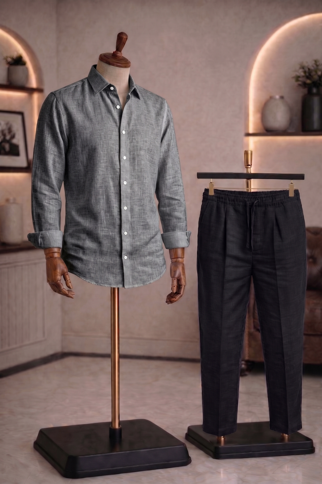 Full Sleeve Linen Pair For Men | Dark Grey Linen Shirt with Black Linen Pant