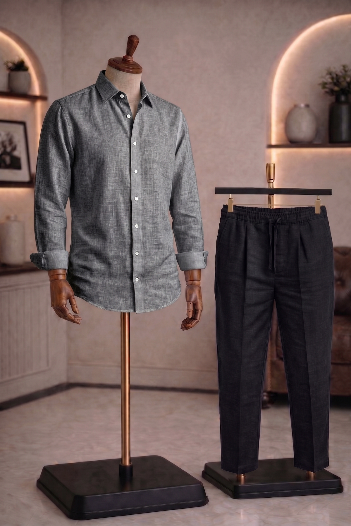 Full Sleeve Linen Pair For Men | Dark Grey Linen Shirt with Black Linen Pant