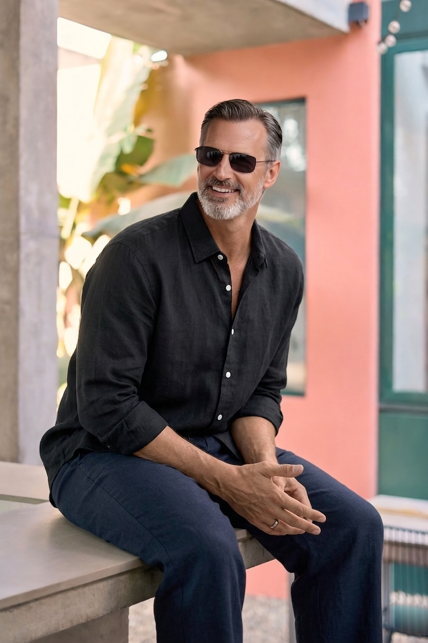 Full Sleeve Linen Pair For Men | Black Linen Shirt with Navy Linen Pant