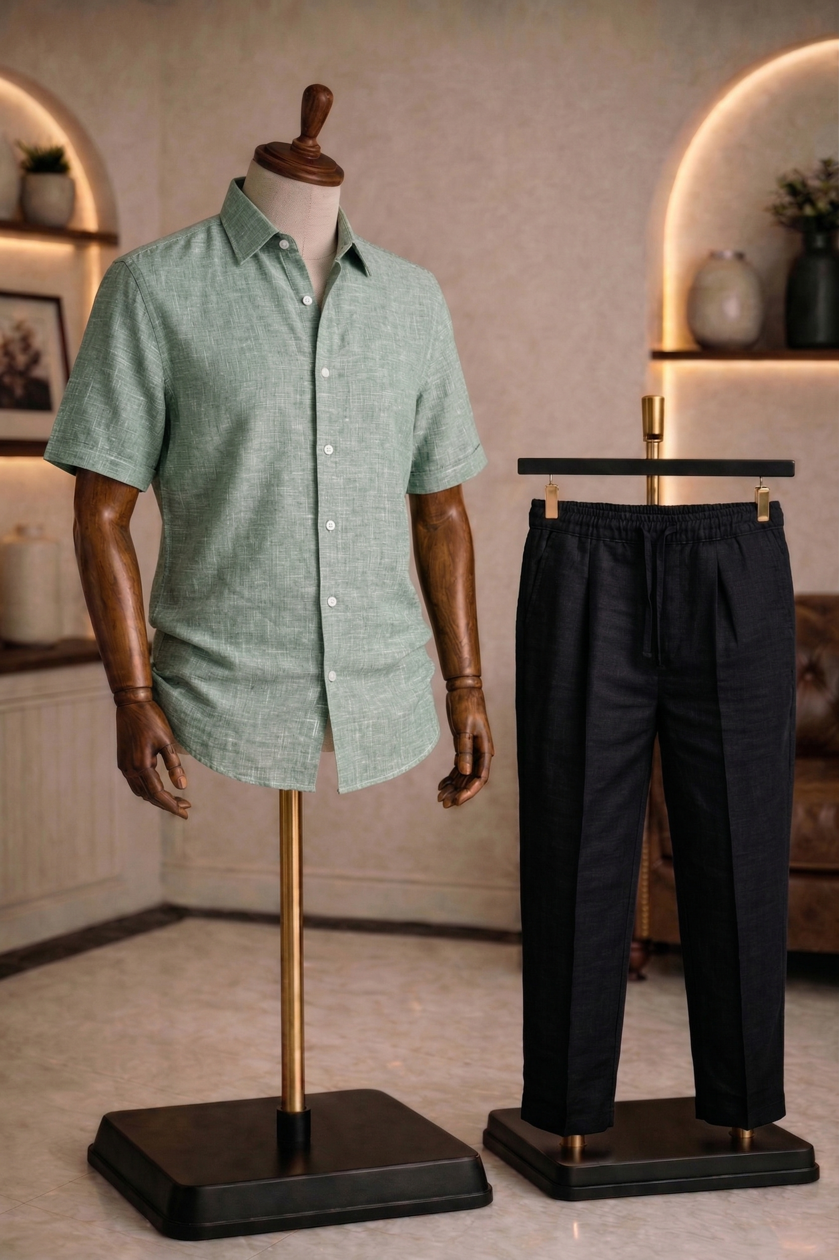 Half Sleeve Linen Pair For Men | Mint Green Linen Shirt with Black Linen Pant