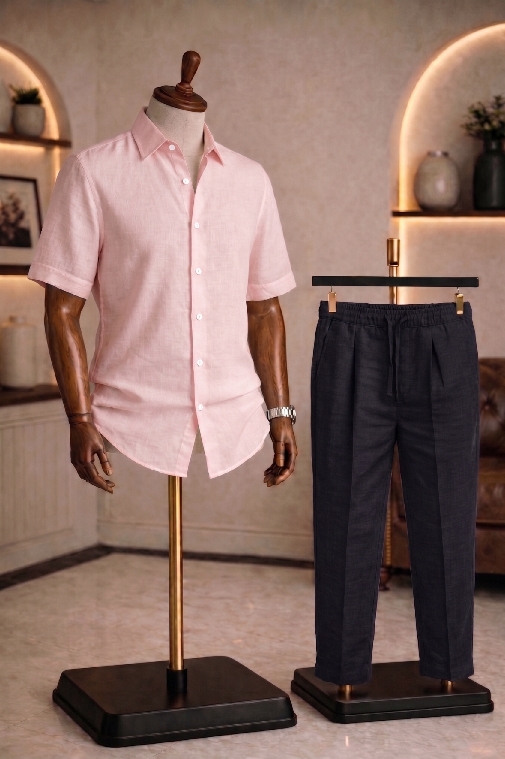 Half Sleeve Linen Pair For Men | Powder Pink Linen Shirt with Black Linen Pant by french cuff