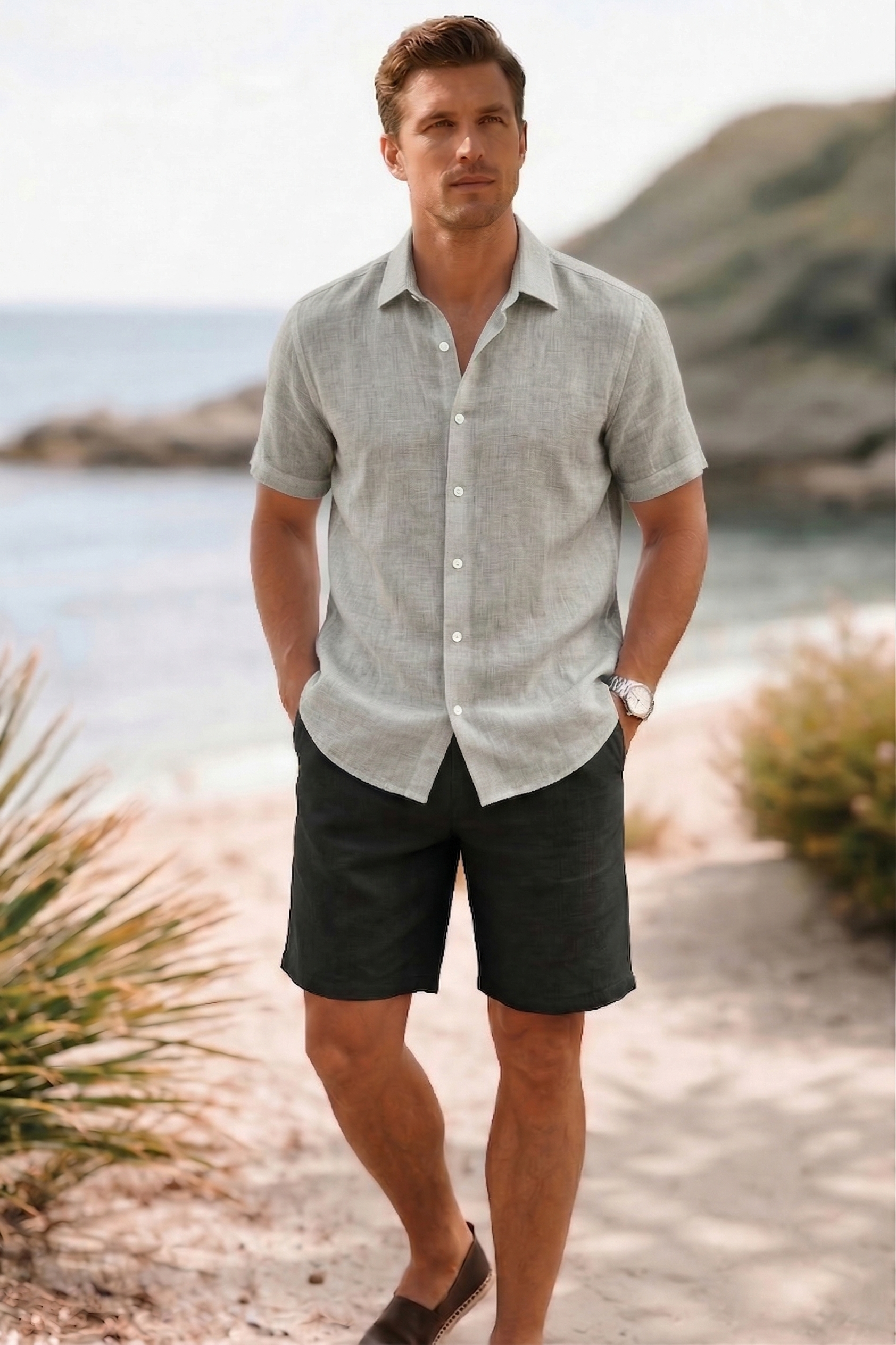 French Cuff Men's Pure Linen Light Grey Half Sleeve Shirt | Summer Wear