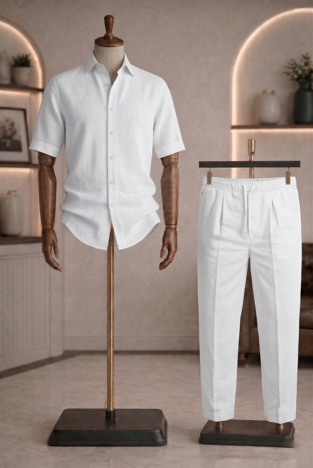 Half Sleeve Linen Pair For Men | White Linen Shirt with White Linen Pant