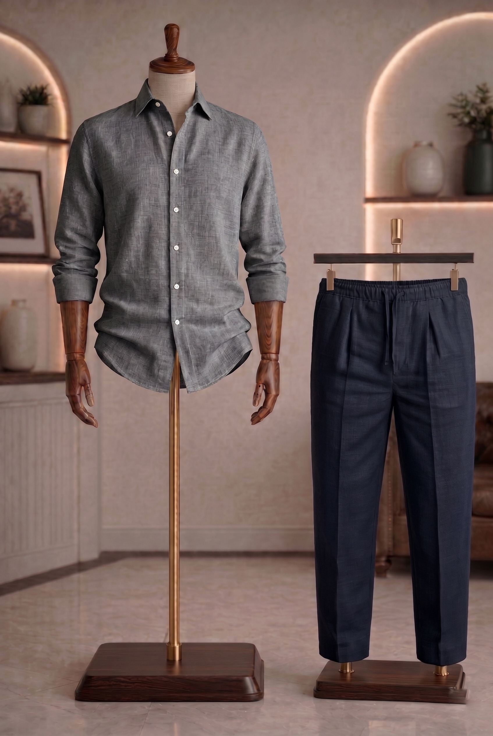 Full Sleeve Linen Pair For Men | Dark Grey Linen Shirt with Navy Linen Pant