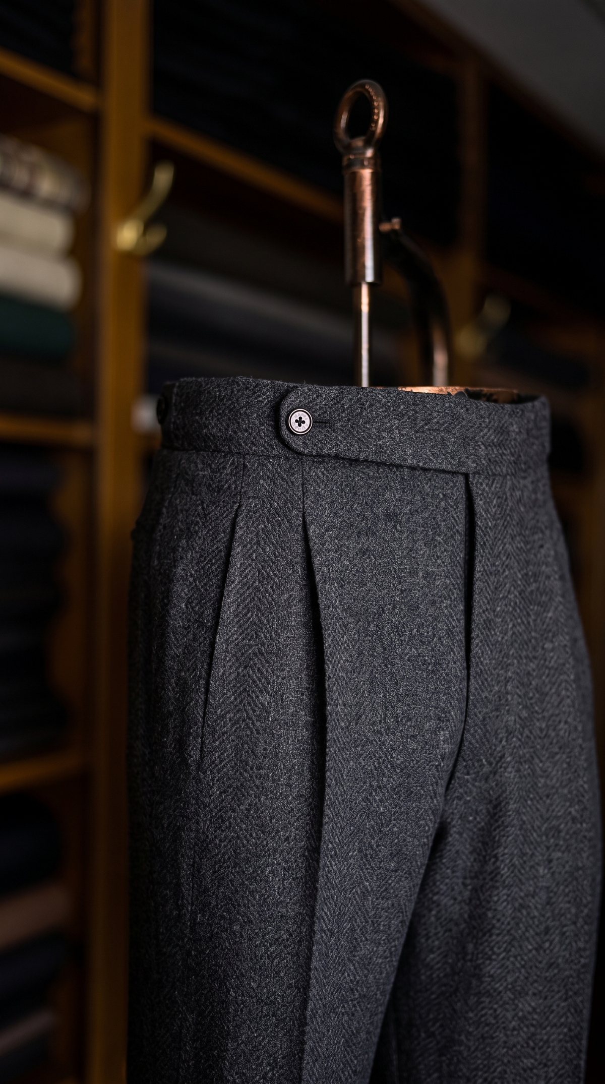 Imperial Black Herringbone Double Pleated Trousers For Men