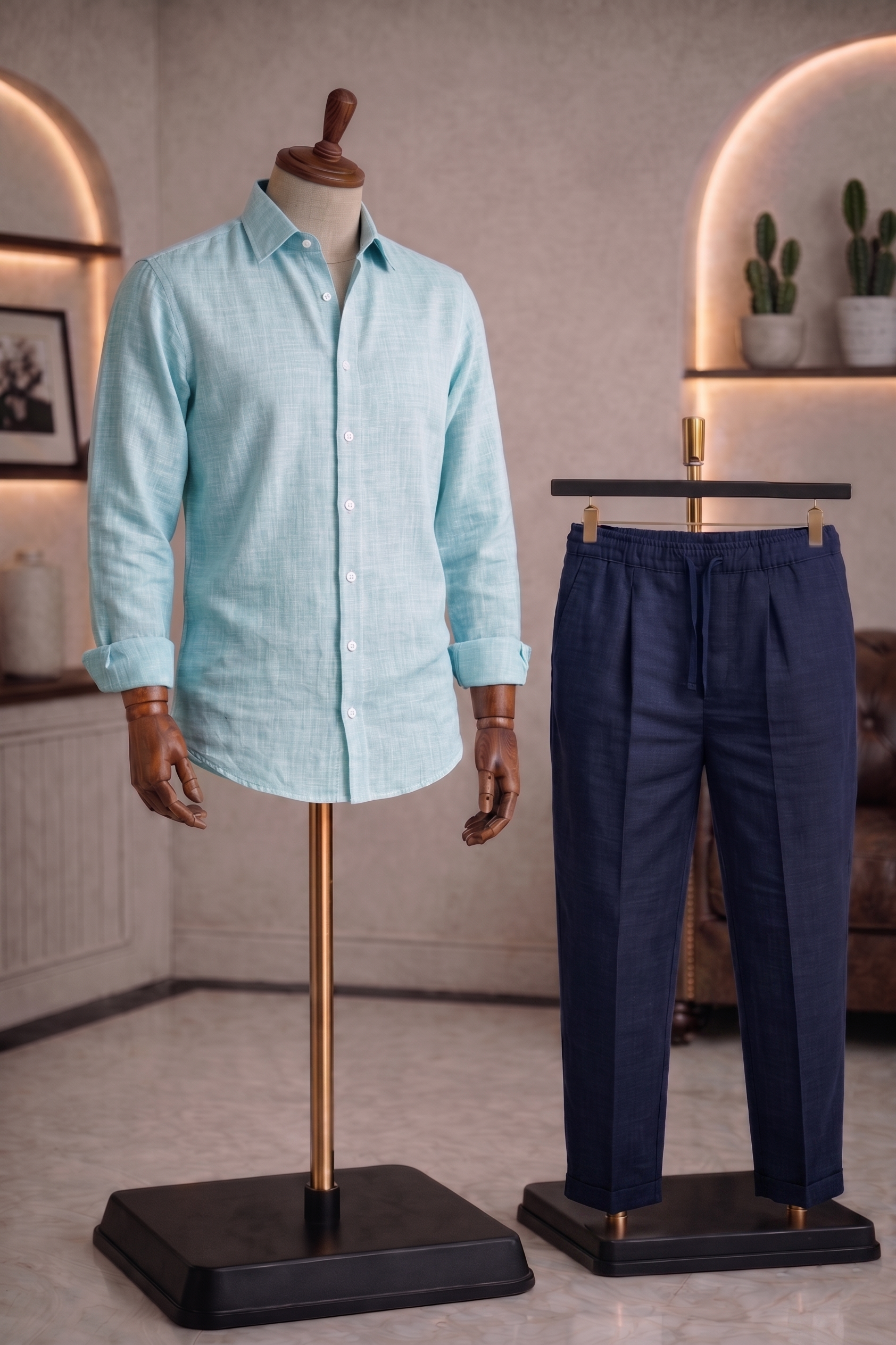 Full Sleeve Linen Pair For Men | Sky Blue Linen Shirt with Navy Linen Pant