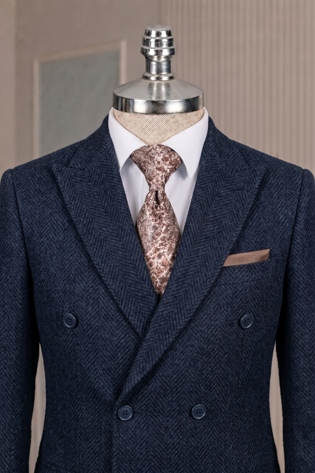 French Cuff Men's Navy Herringbone Double Breasted Blazer
