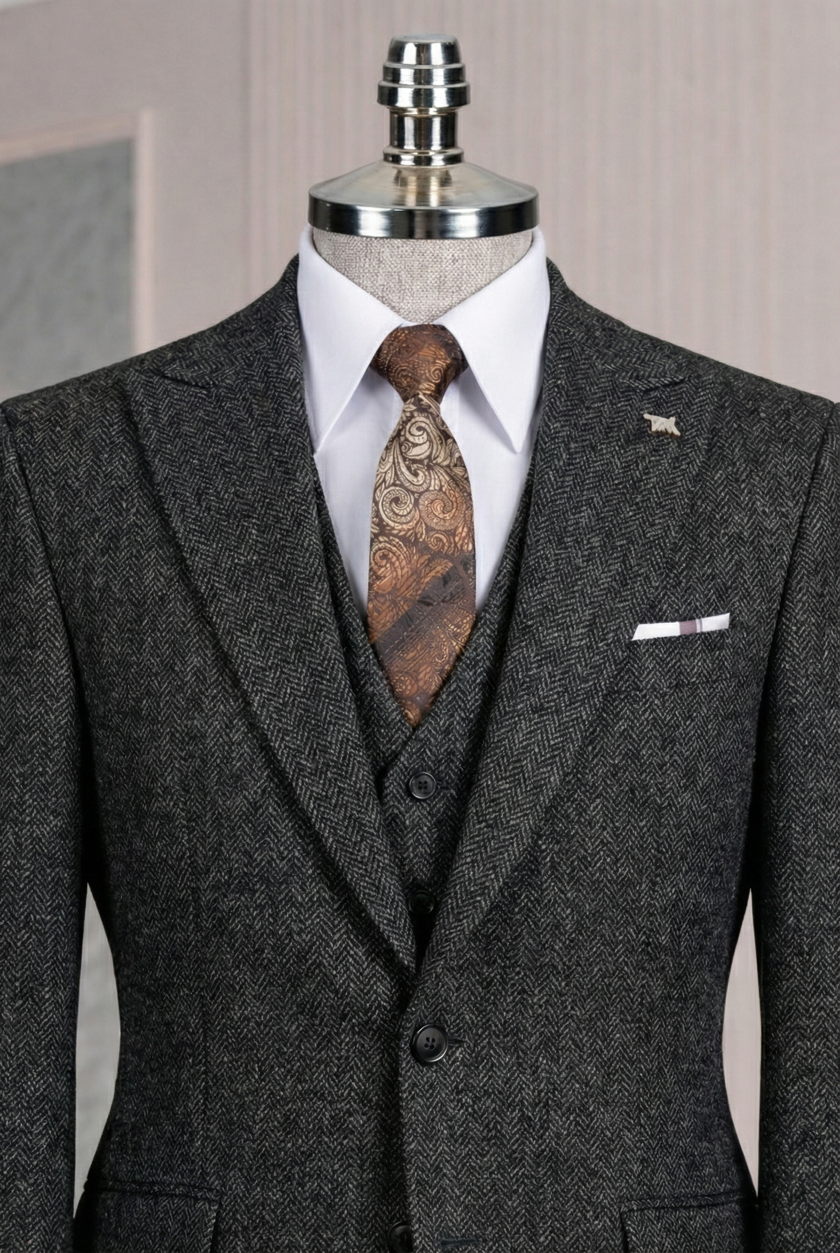 French Cuff Men's Black Herringbone Single Buttoned 3-Piece Suit