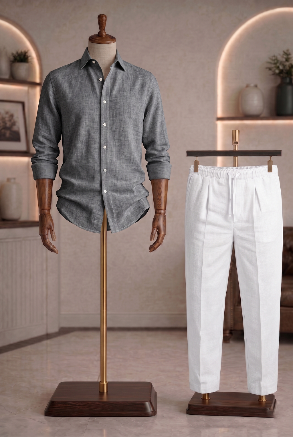 Full Sleeve Linen Pair For Men | Dark Grey Linen Shirt with White Linen Pant
