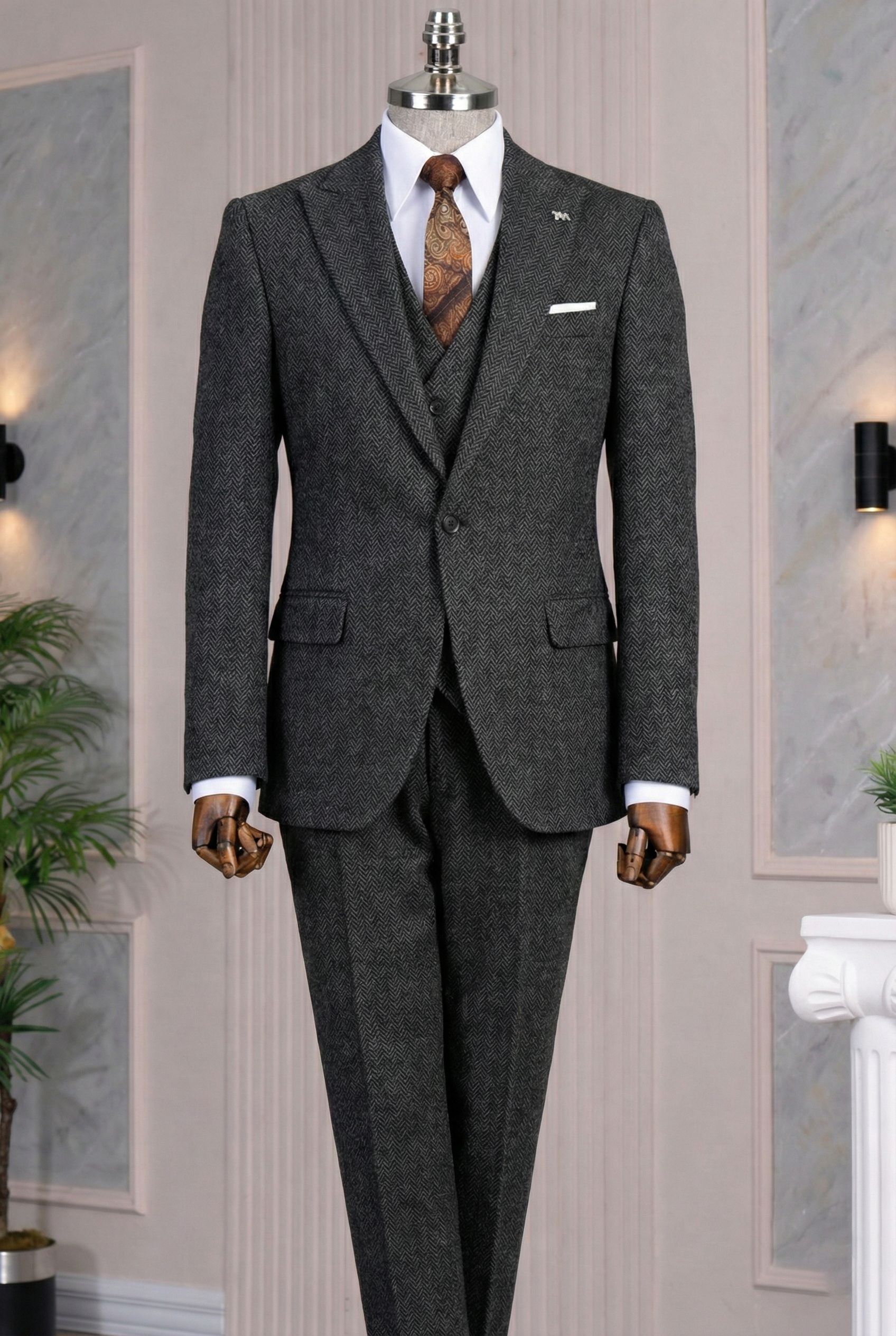 French Cuff Men's Black Herringbone Single Buttoned 3-Piece Suit