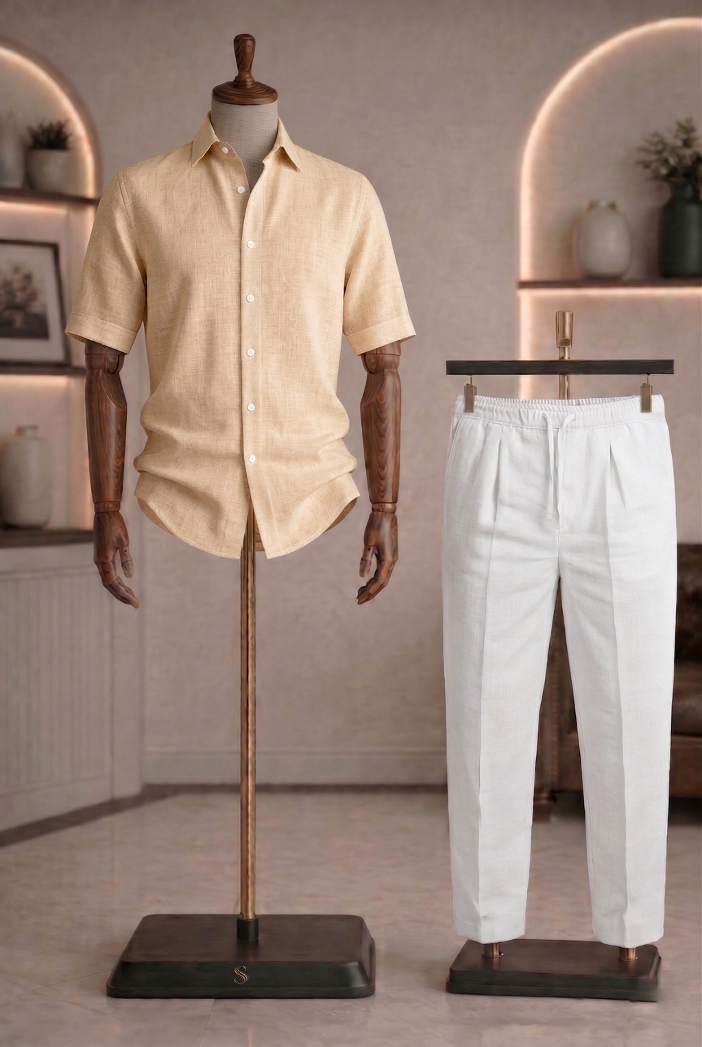 Half Sleeve Linen Pair For Men | Khaki Linen Shirt with White Linen Pant