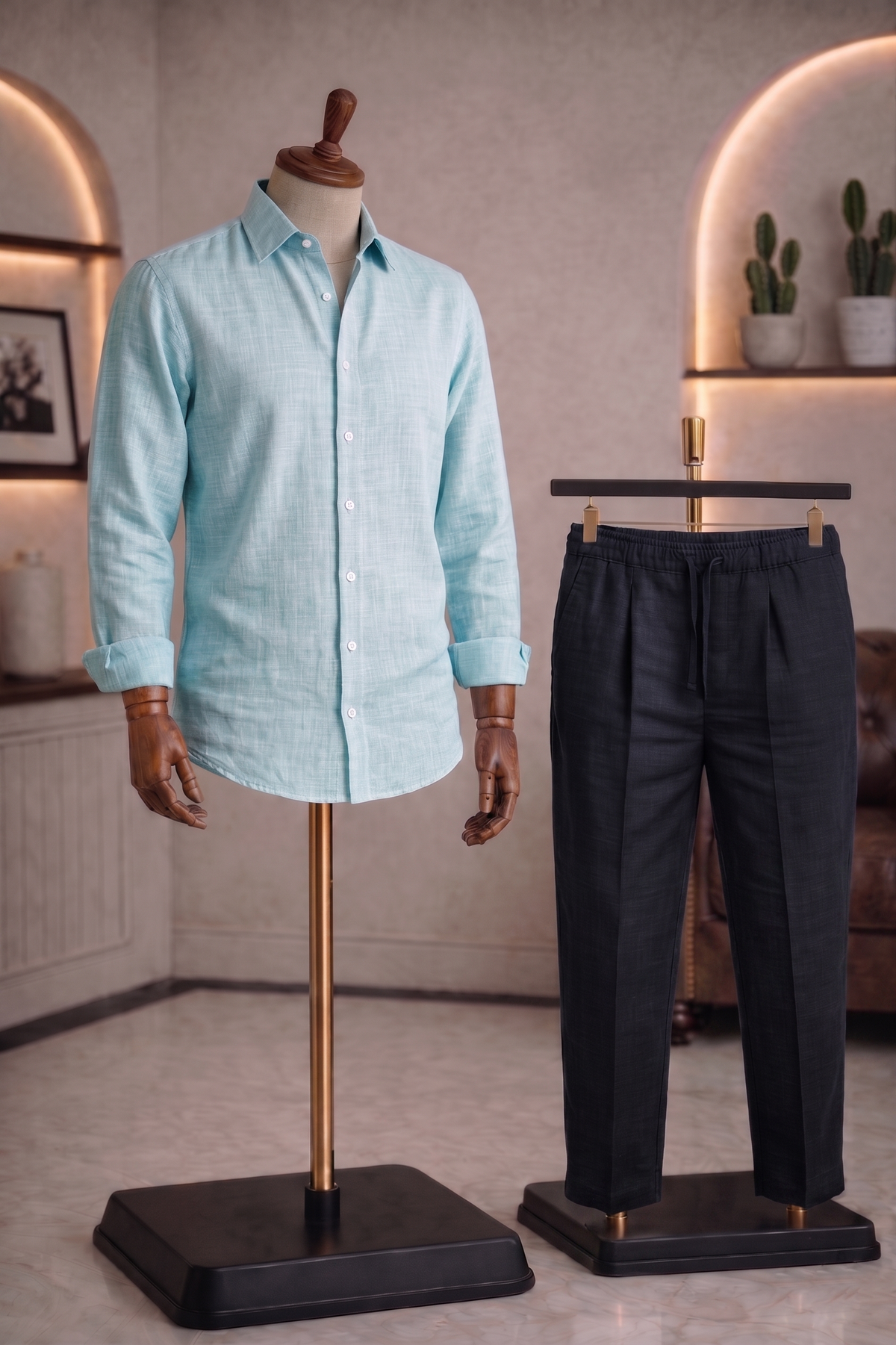 Full Sleeve Linen Pair For Men | Sky Blue Linen Shirt with Black Linen Pant