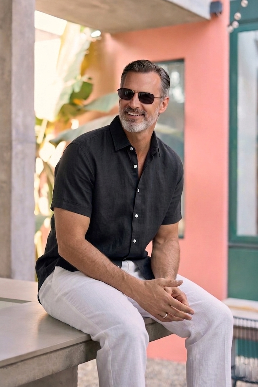 Half Sleeve Linen Pair For Men | Black Linen Shirt with White Linen Pant