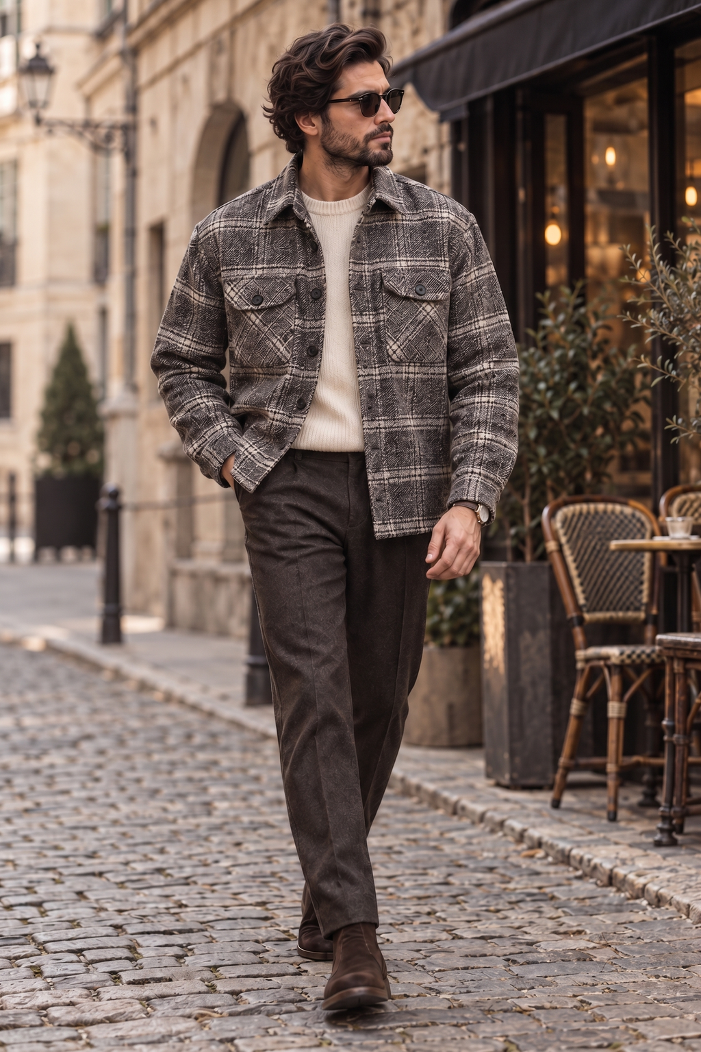 Melange Tartan Beige Checked Premium Wool Shirt for Men