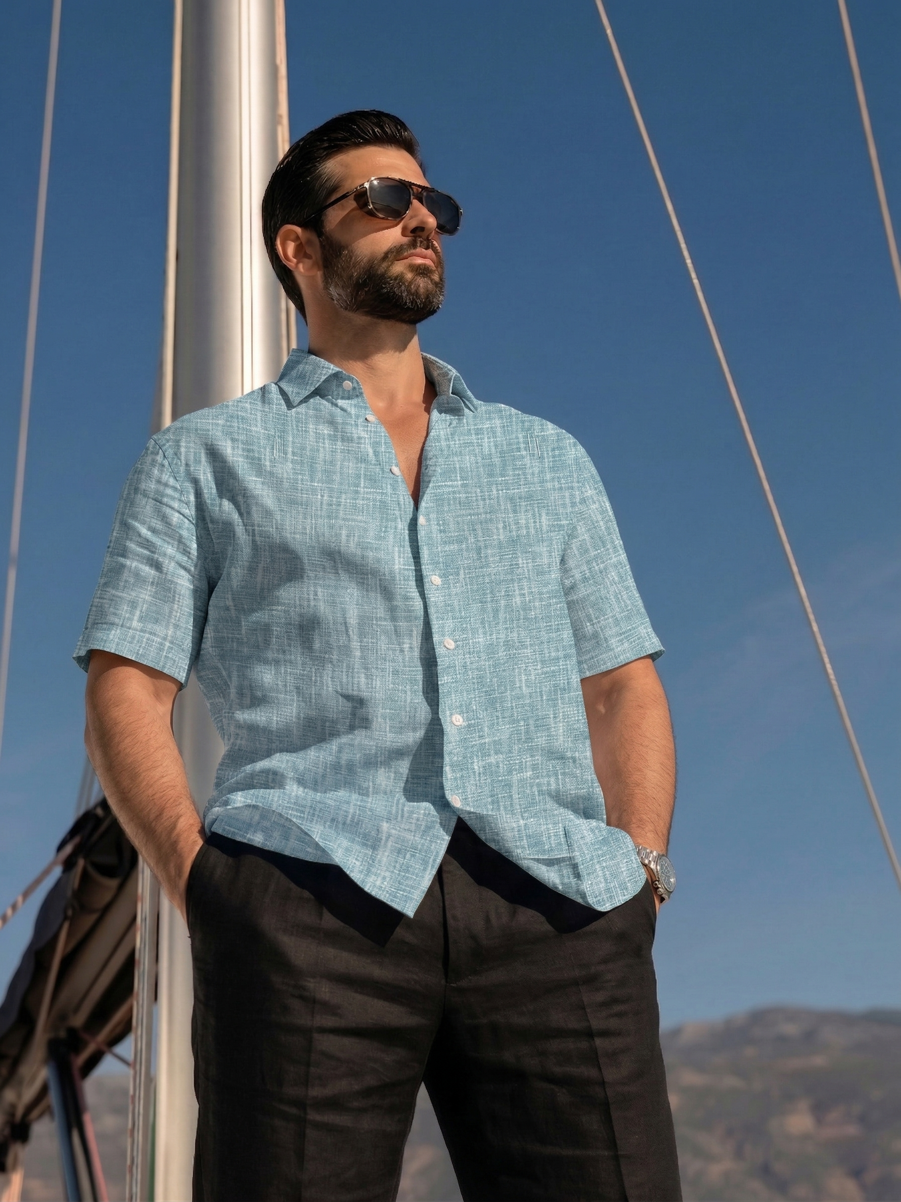 Half Sleeve Linen Pair For Men | Sky Blue Linen Shirt with Black Linen Pant