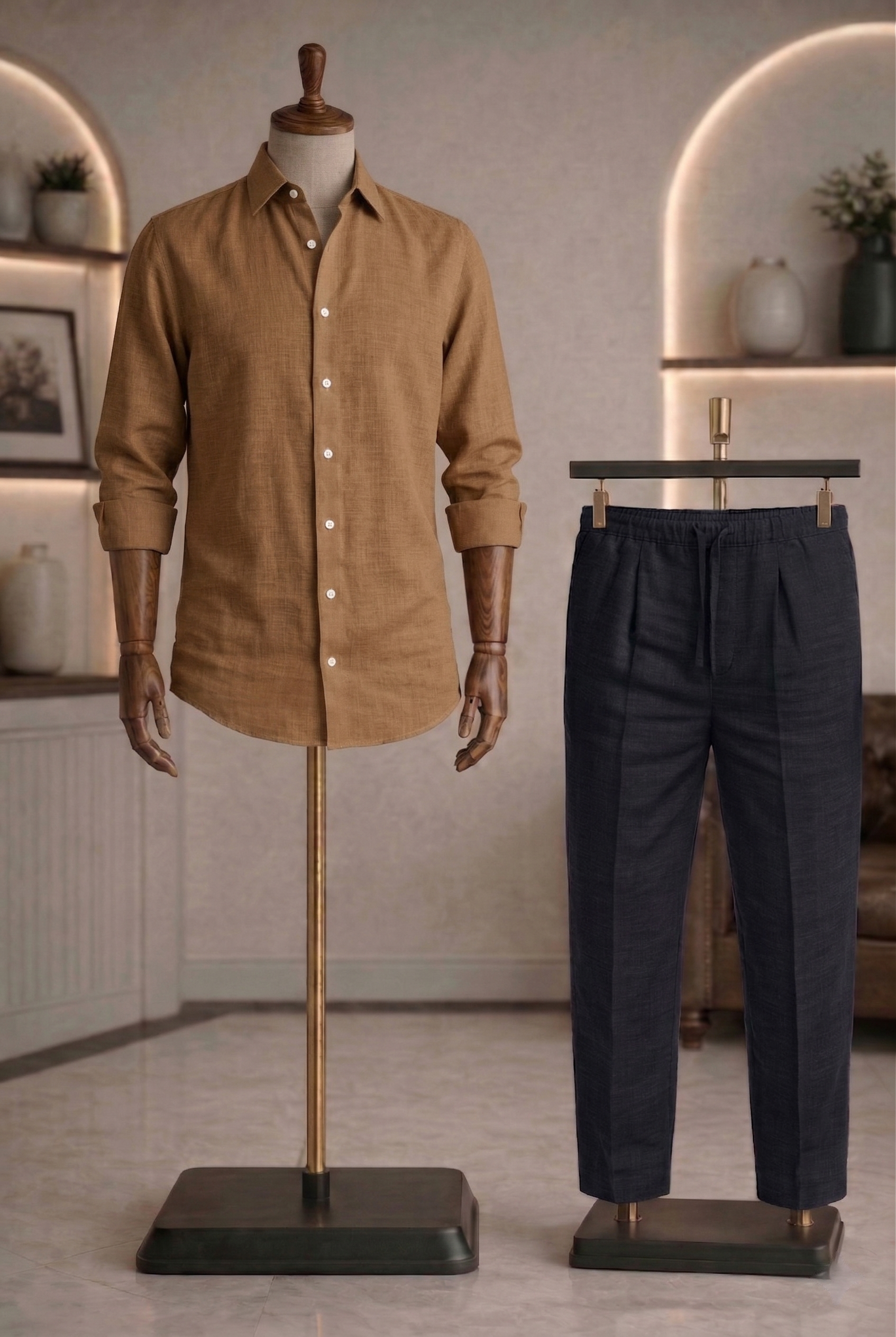 Full Sleeve Linen Pair For Men | Brown Linen Shirt with Black Linen Pant