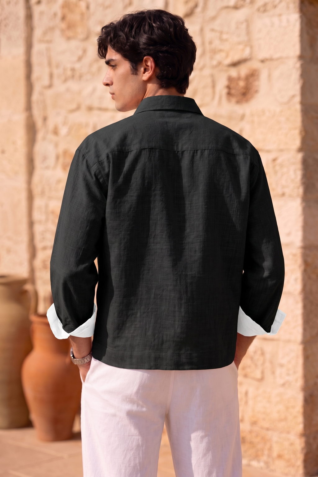 Full Sleeve Black Boxy Fit Pure Belgium Linen Crop Shirt
