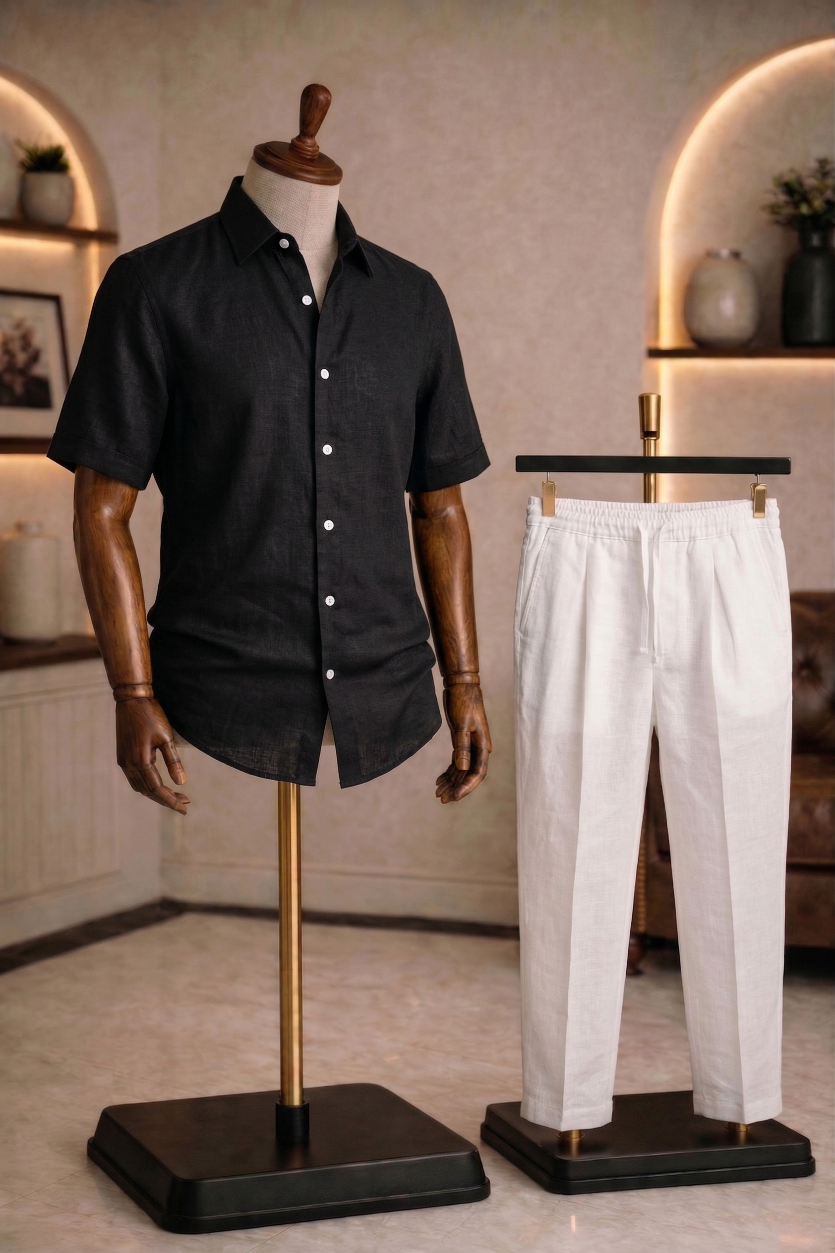 Half Sleeve Linen Pair For Men | Black Linen Shirt with White Linen Pant