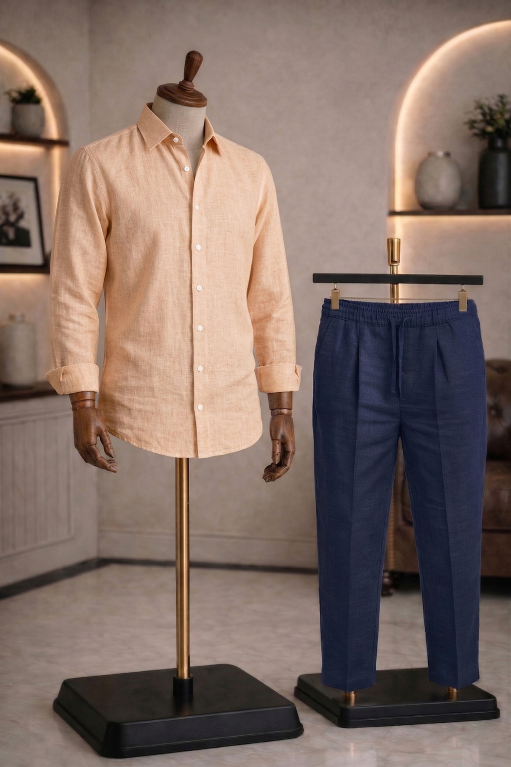 Full Sleeve Linen Pair For Men | Khaki Linen Shirt with Navy Linen Pant
