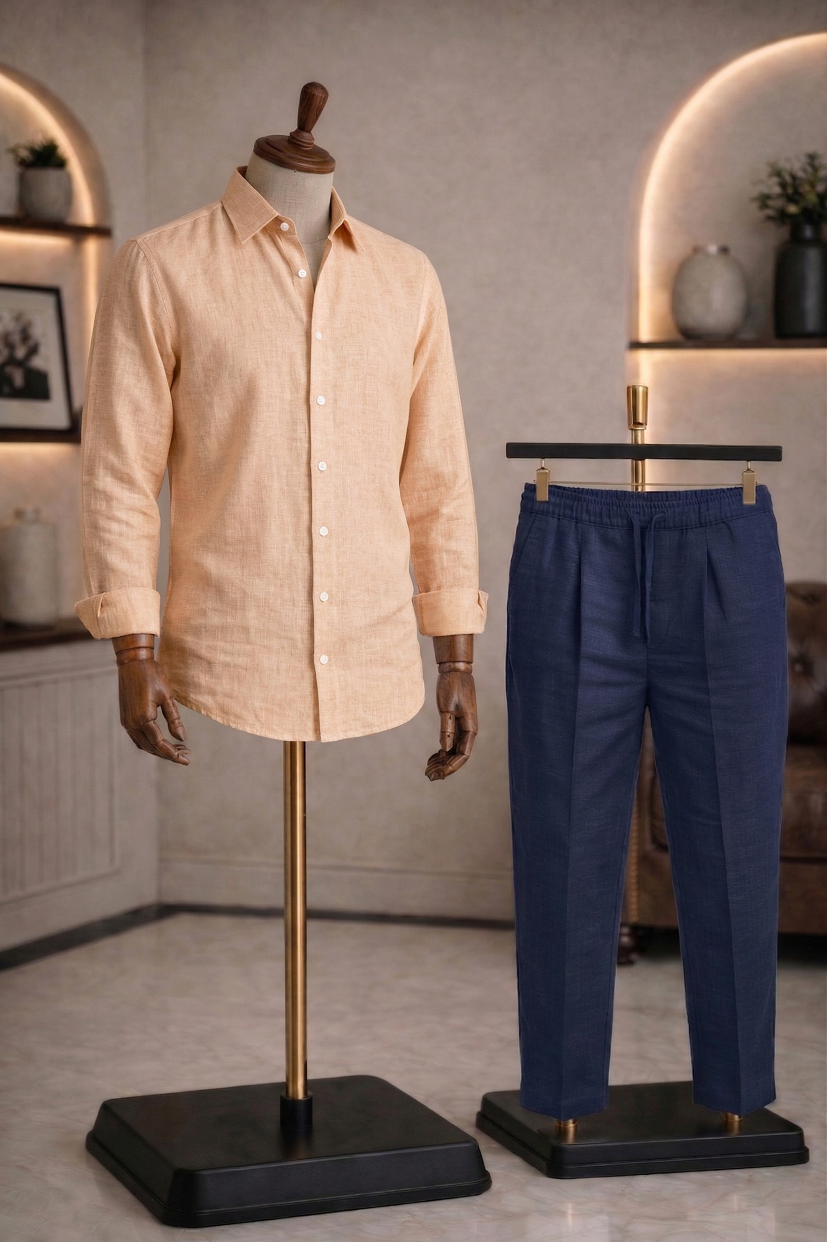 Full Sleeve Linen Pair For Men | Khaki Linen Shirt with Navy Linen Pant