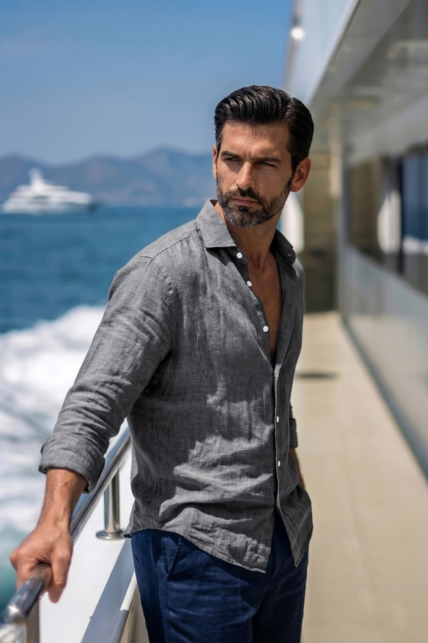Full Sleeve Linen Pair For Men | Dark Grey Linen Shirt with Navy Linen Pant