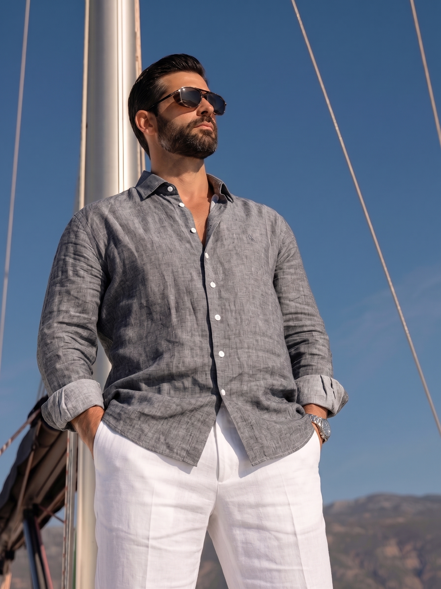 Full Sleeve Linen Pair For Men | Dark Grey Linen Shirt with White Linen Pant