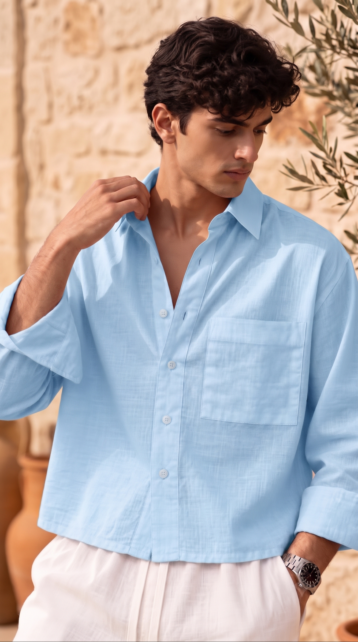 Full Sleeve Sky Blue Boxy Fit Pure Belgium Linen Crop Shirt