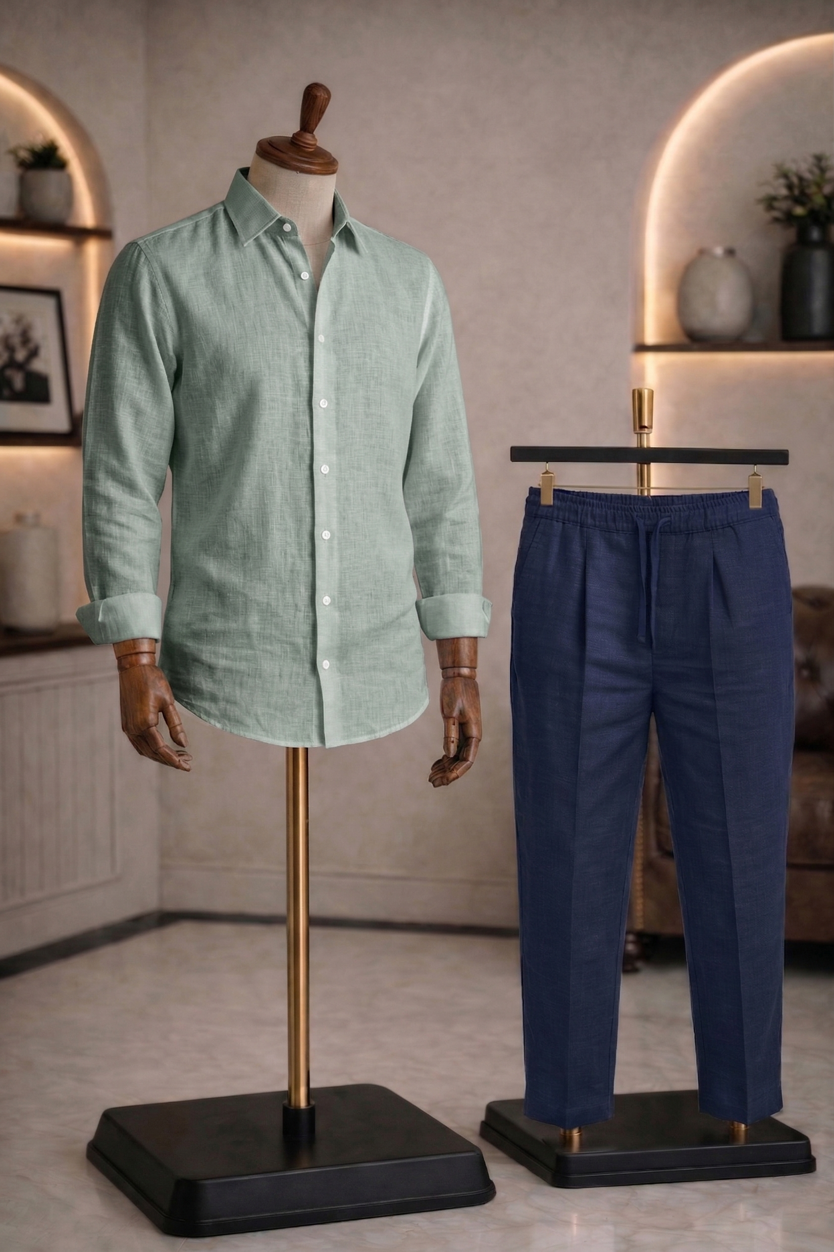 Full Sleeve Linen Pair For Men | Minty Green Linen Shirt with Navy Linen Pant