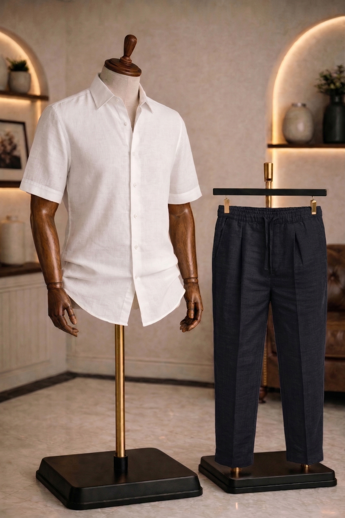 Half Sleeve Linen Pair For Men | White Linen Shirt with Black Linen Pant