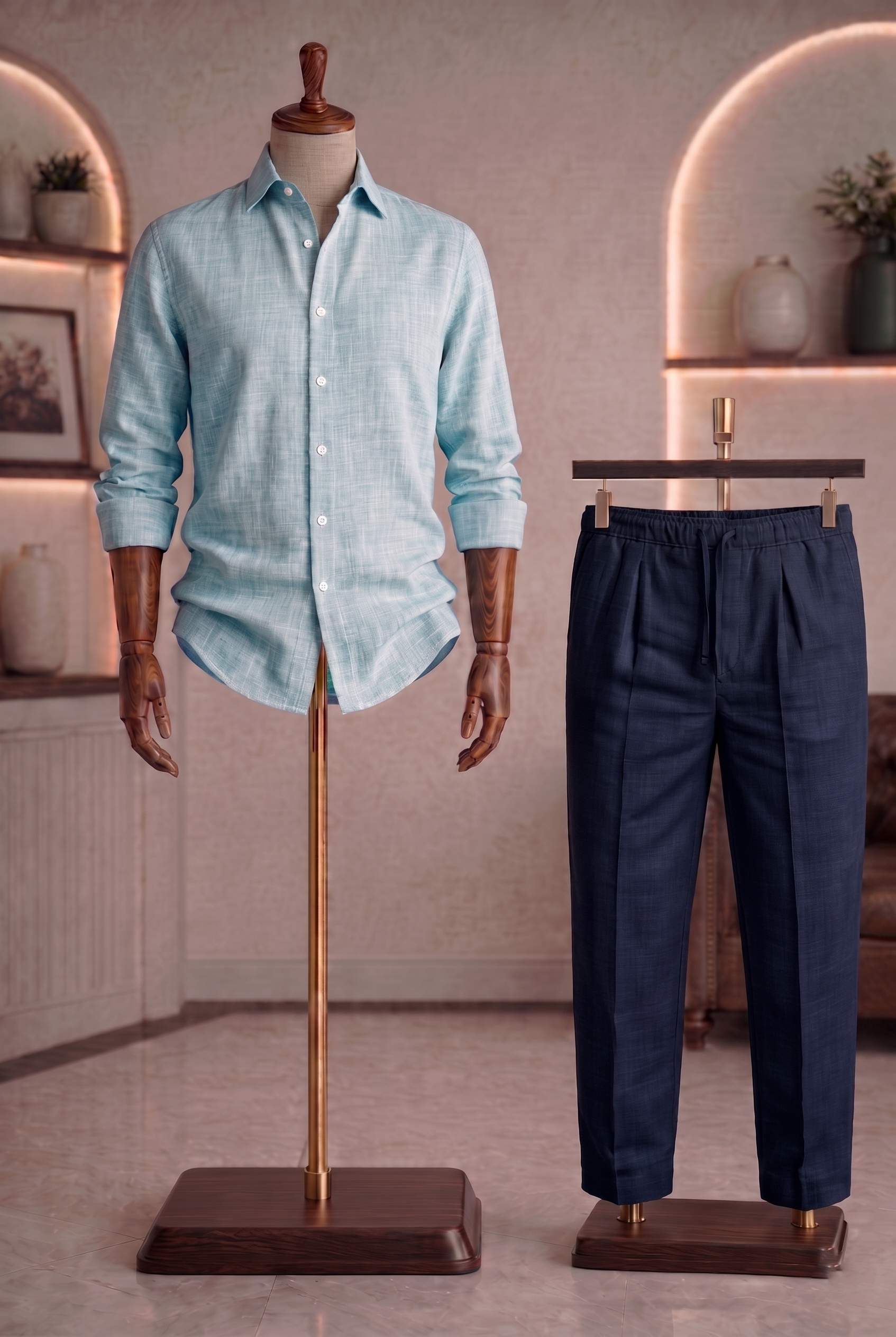 Full Sleeve Linen Pair For Men | Sky Blue Linen Shirt with Navy Linen Pant