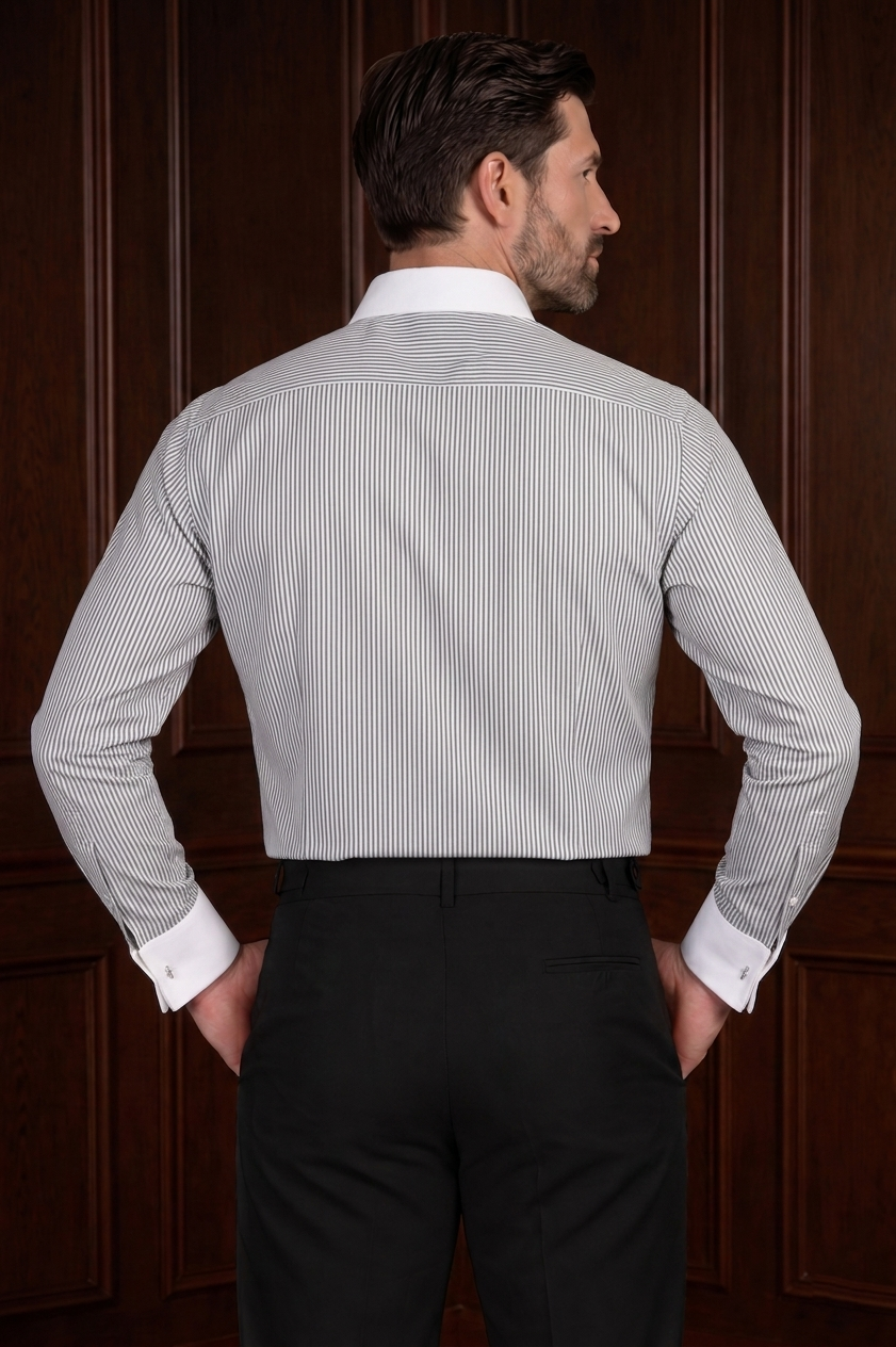 Men’s Grey Stripe`Contrast Shirt – Tailored Button Down with French Cuffs